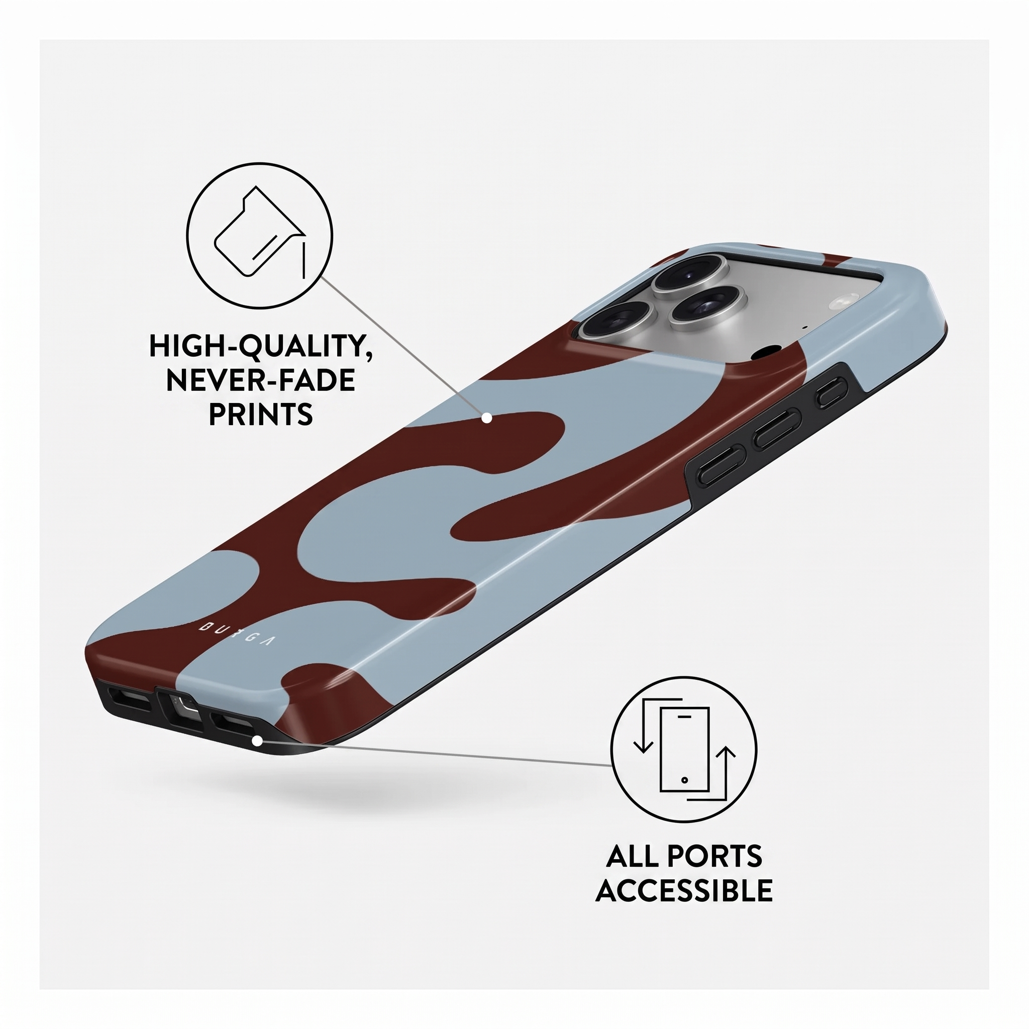 Coque de téléphone à motifs marron et bleu, impression durable et ports accessibles.