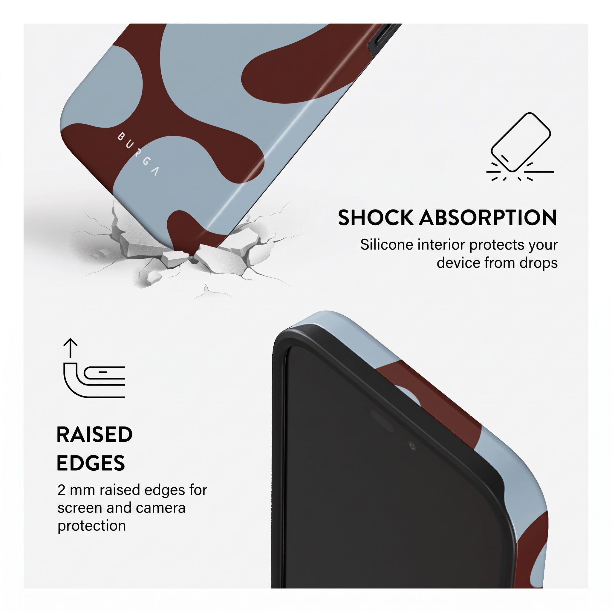 Coque de téléphone avec motif ondulé, absorption des chocs et bords surélevés.