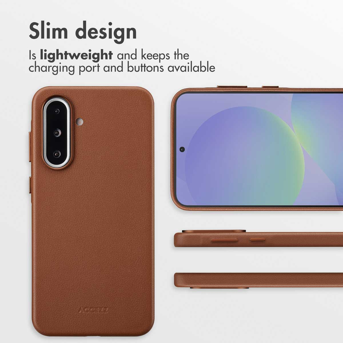 Una funda de cuero marrón para smartphone mostrada desde varios ángulos.
