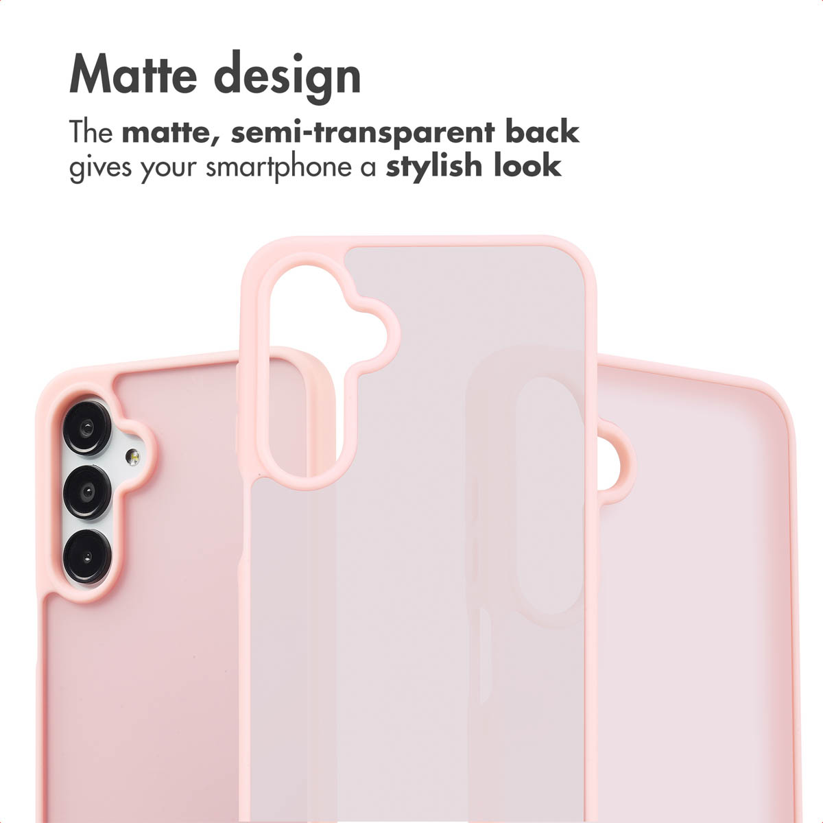 Drie roze smartphonehoesjes met een mat, semitransparant ontwerp en camera-uitsparing.