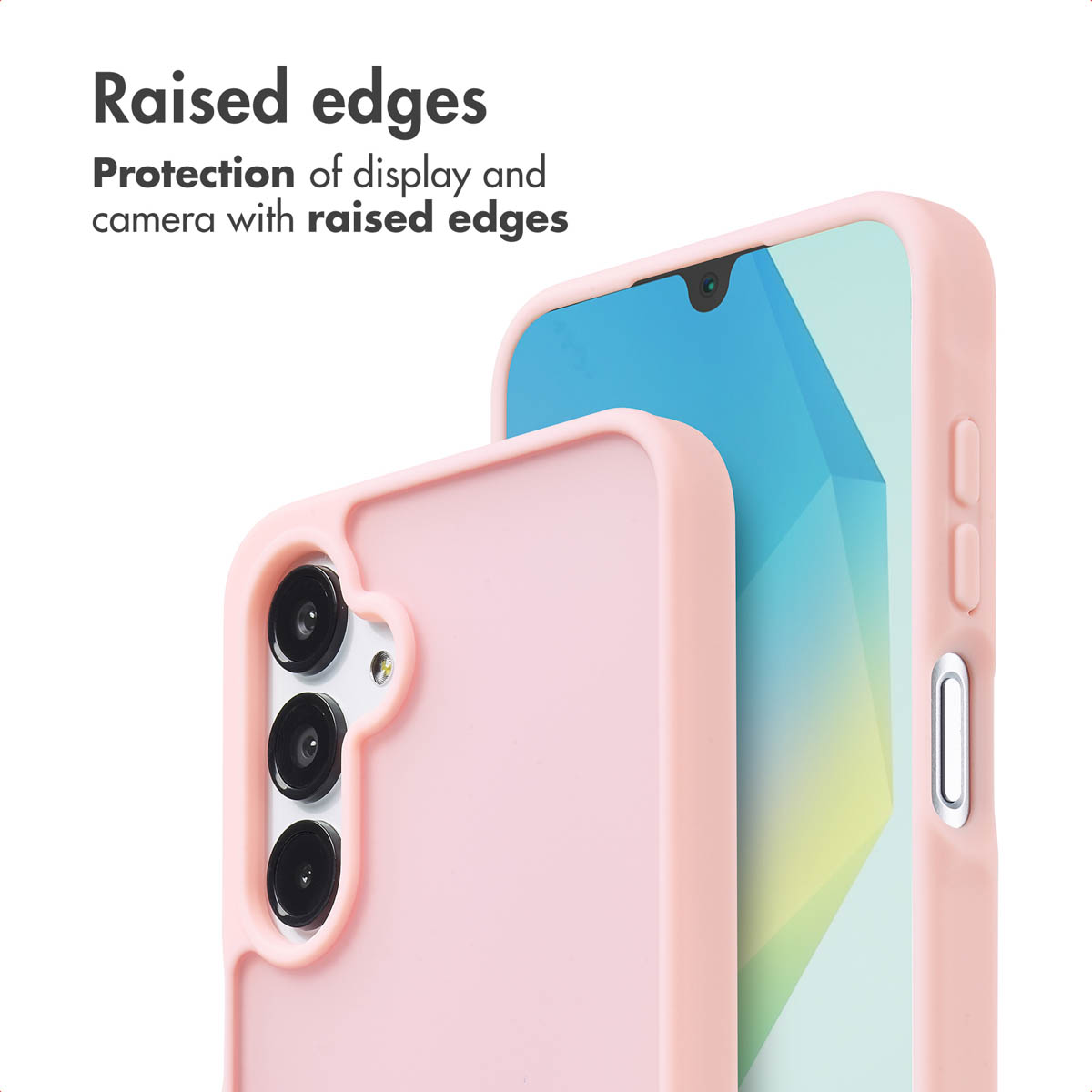 Roze smartphonehoesje met opstaande randen voor bescherming.