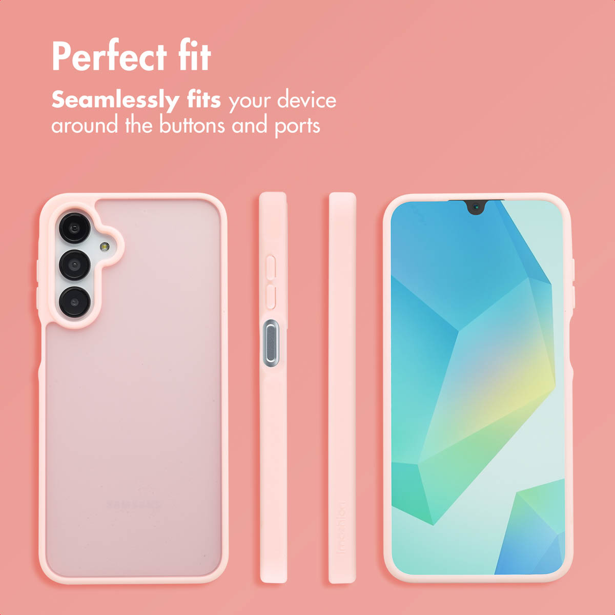 Roze smartphonehoesje getoond vanuit meerdere hoeken op een roze achtergrond met tekst.
