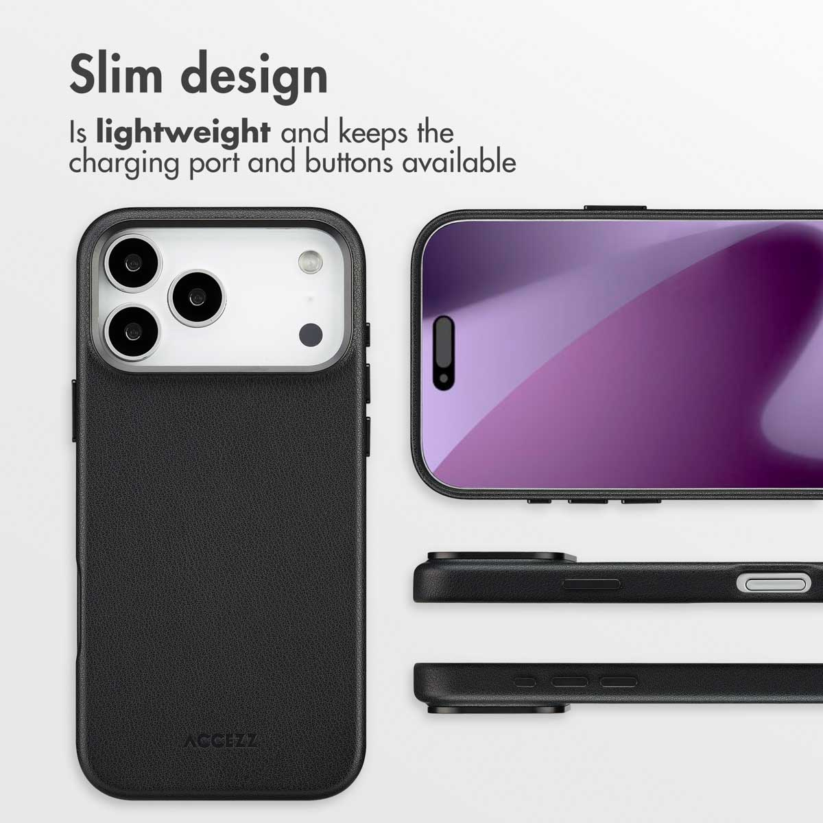 Coque de téléphone noire, fine et légère, avec découpes pour l'appareil photo, le port de charge et les boutons.