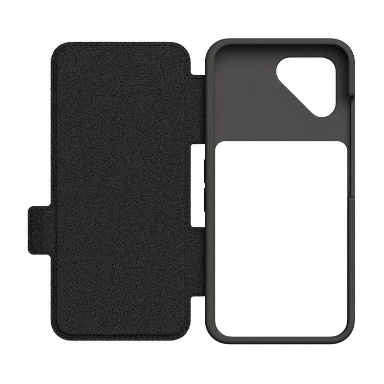 Una funda de móvil negra abierta con tarjetero y solapa integrados.