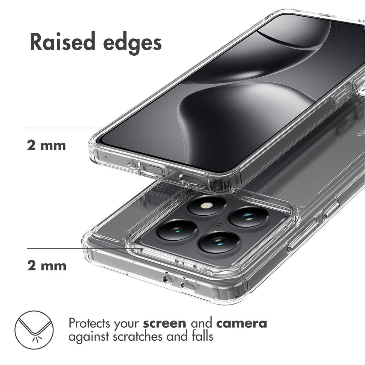 Funda transparente con bordes elevados para proteger la pantalla y la cámara.