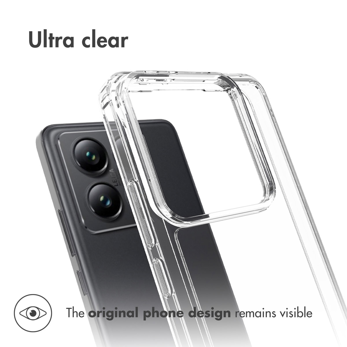 Una funda de móvil transparente sobre un smartphone negro, mostrando las lentes y el diseño.
