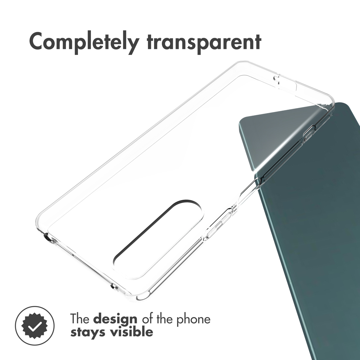 Una funda de teléfono completamente transparente sobre un smartphone verde, con texto.