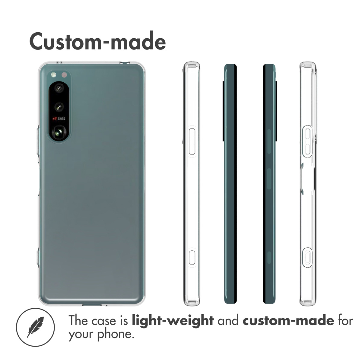 Una funda de smartphone verde desde varios ángulos con texto a medida.
