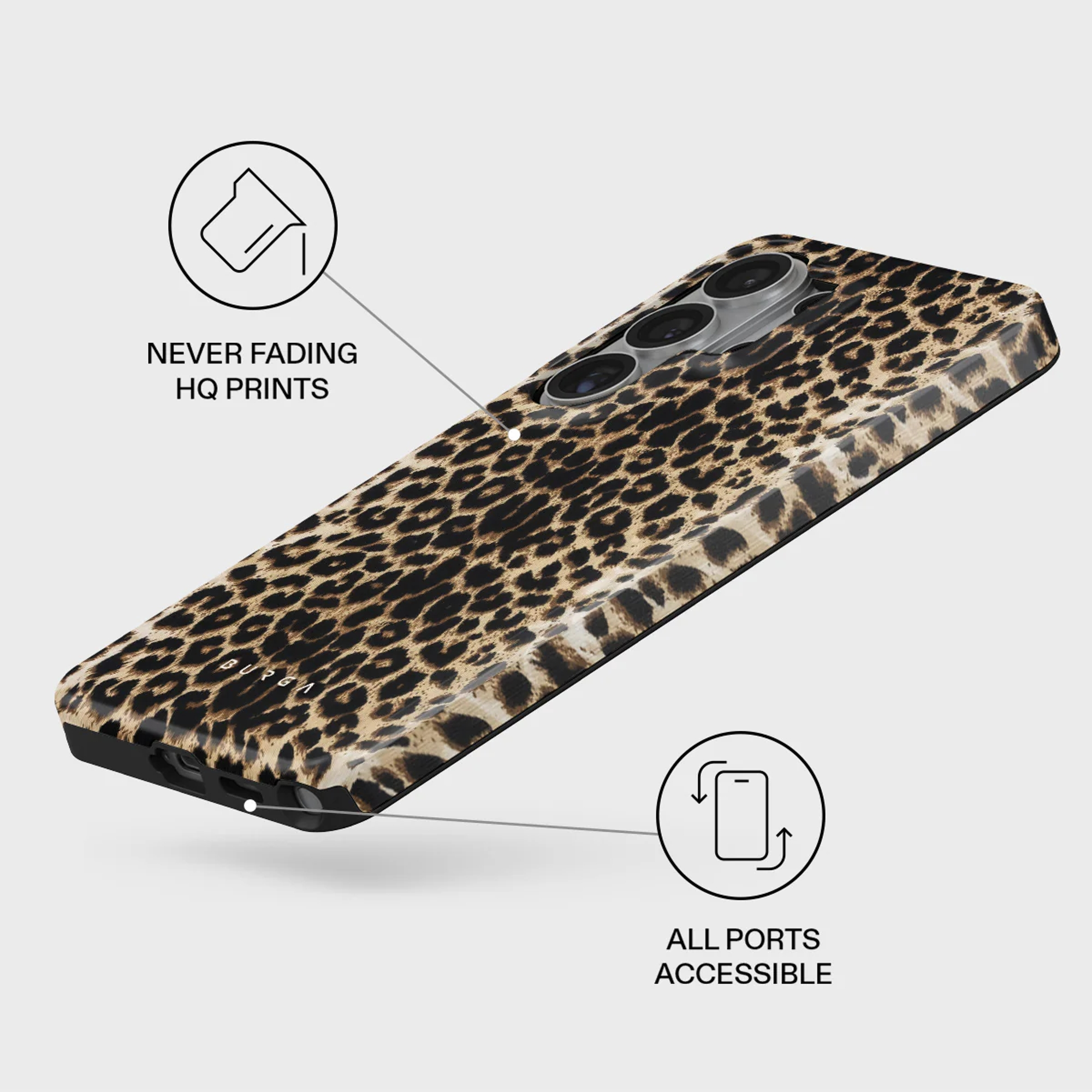 Funda de móvil con estampado de leopardo y iconos que destacan su durabilidad y puertos accesibles.