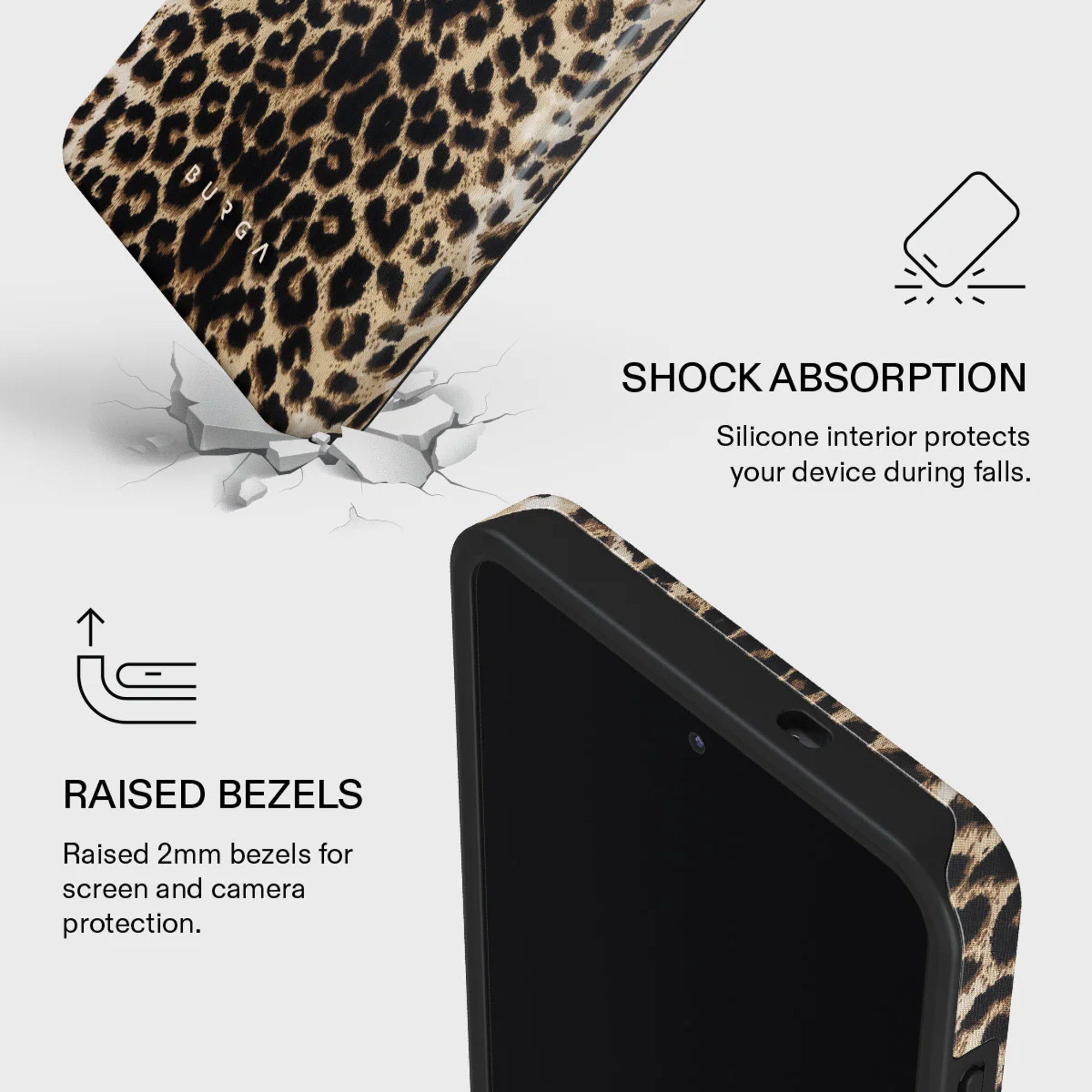 Funda de teléfono con estampado de leopardo y protección contra impactos.