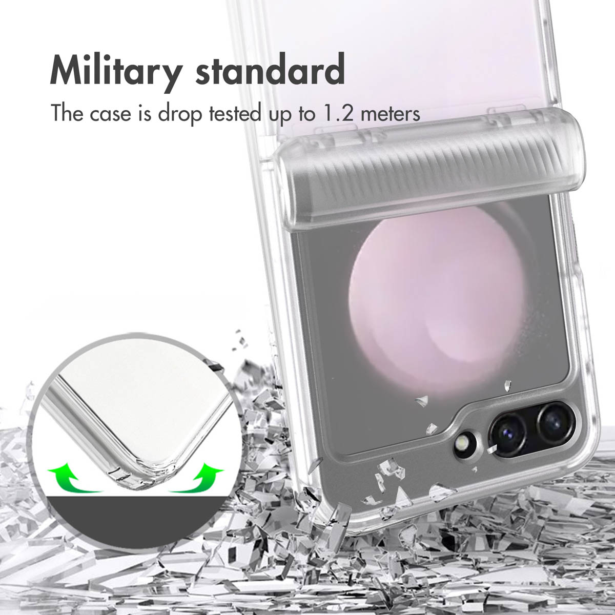 Funda de teléfono plegable transparente sobre vidrio roto con texto sobre pruebas de caída militar.