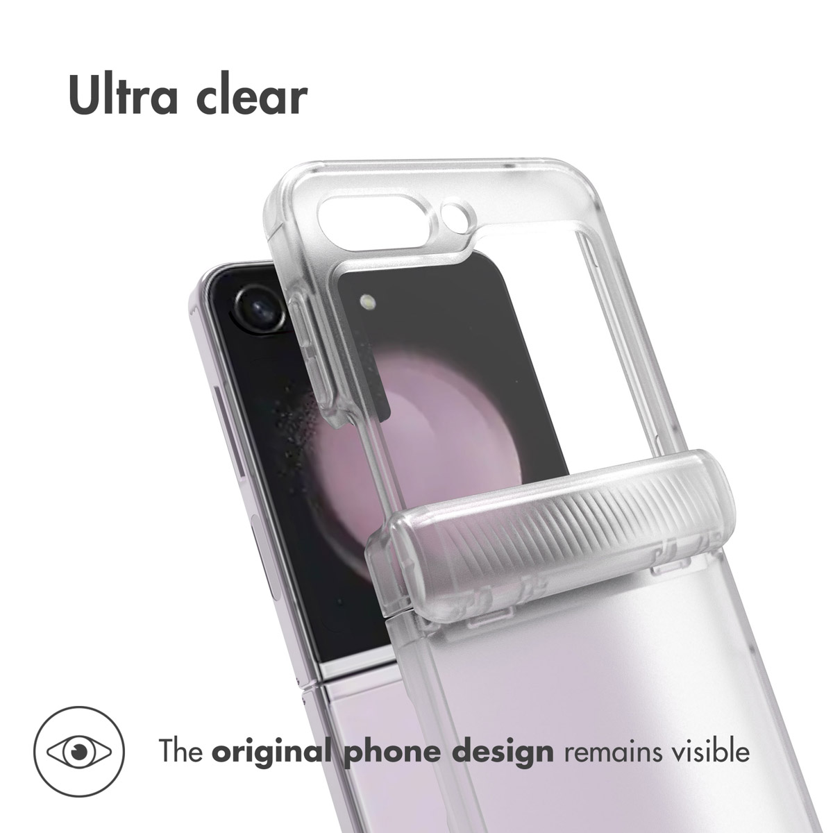 Una funda transparente en un teléfono plegable, manteniendo visible el diseño original.