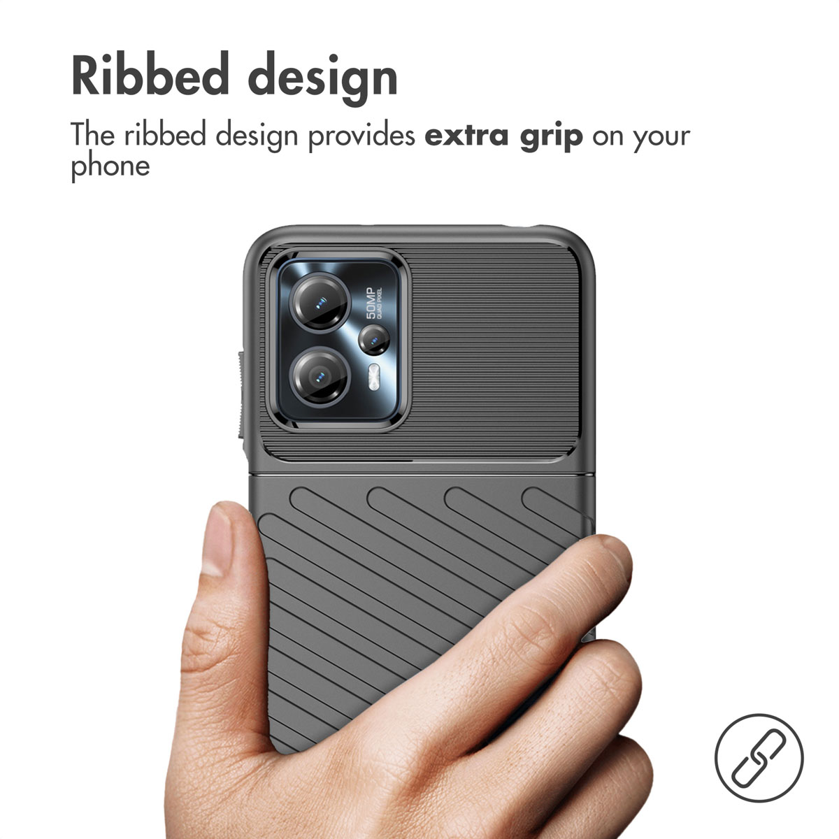 Eine Hand hält ein graues Smartphone mit geripptem Design für extra Halt.
