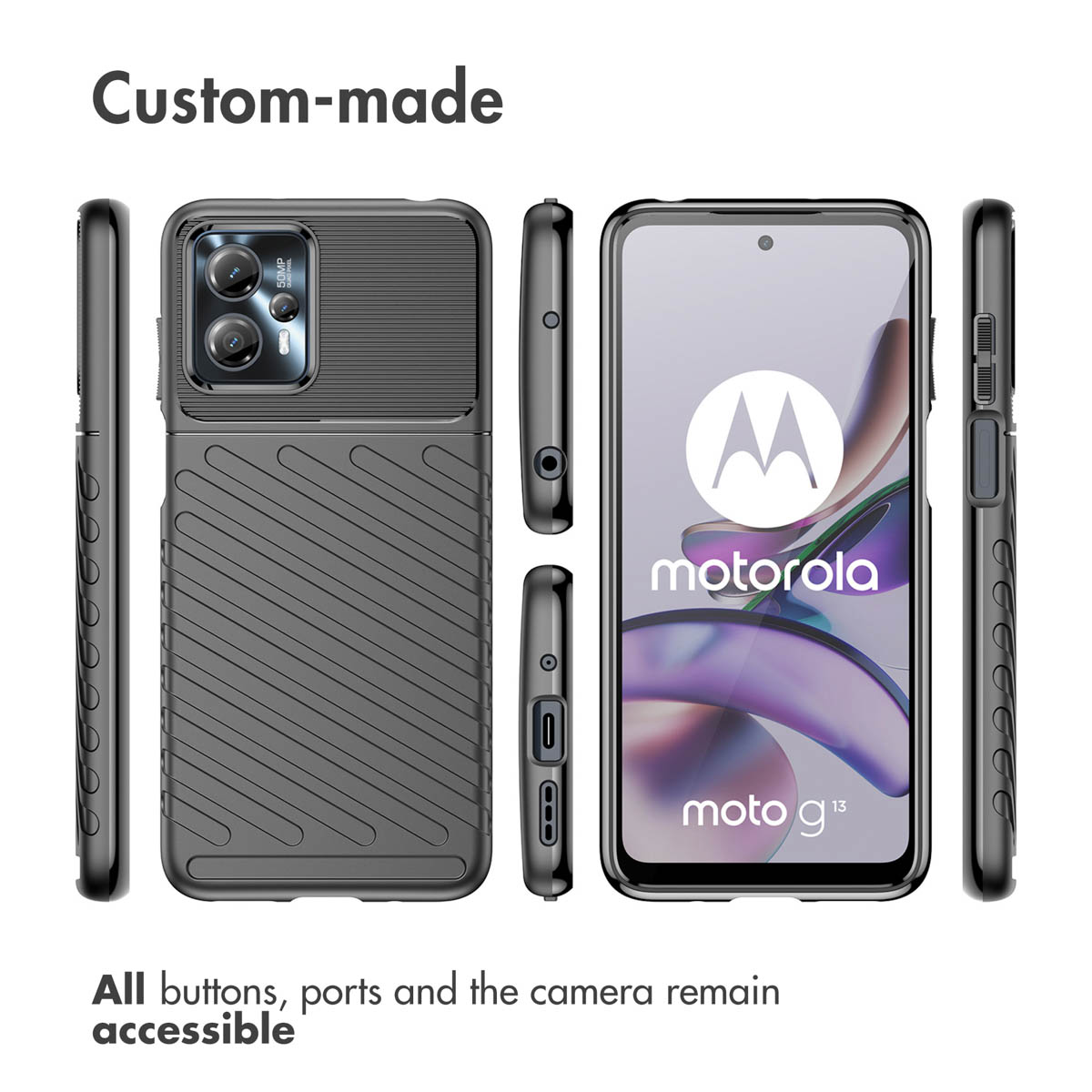 Eine schwarze Motorola Moto G13 Schutzhülle aus verschiedenen Perspektiven mit strukturierter Rückseite und Anschlüssen.