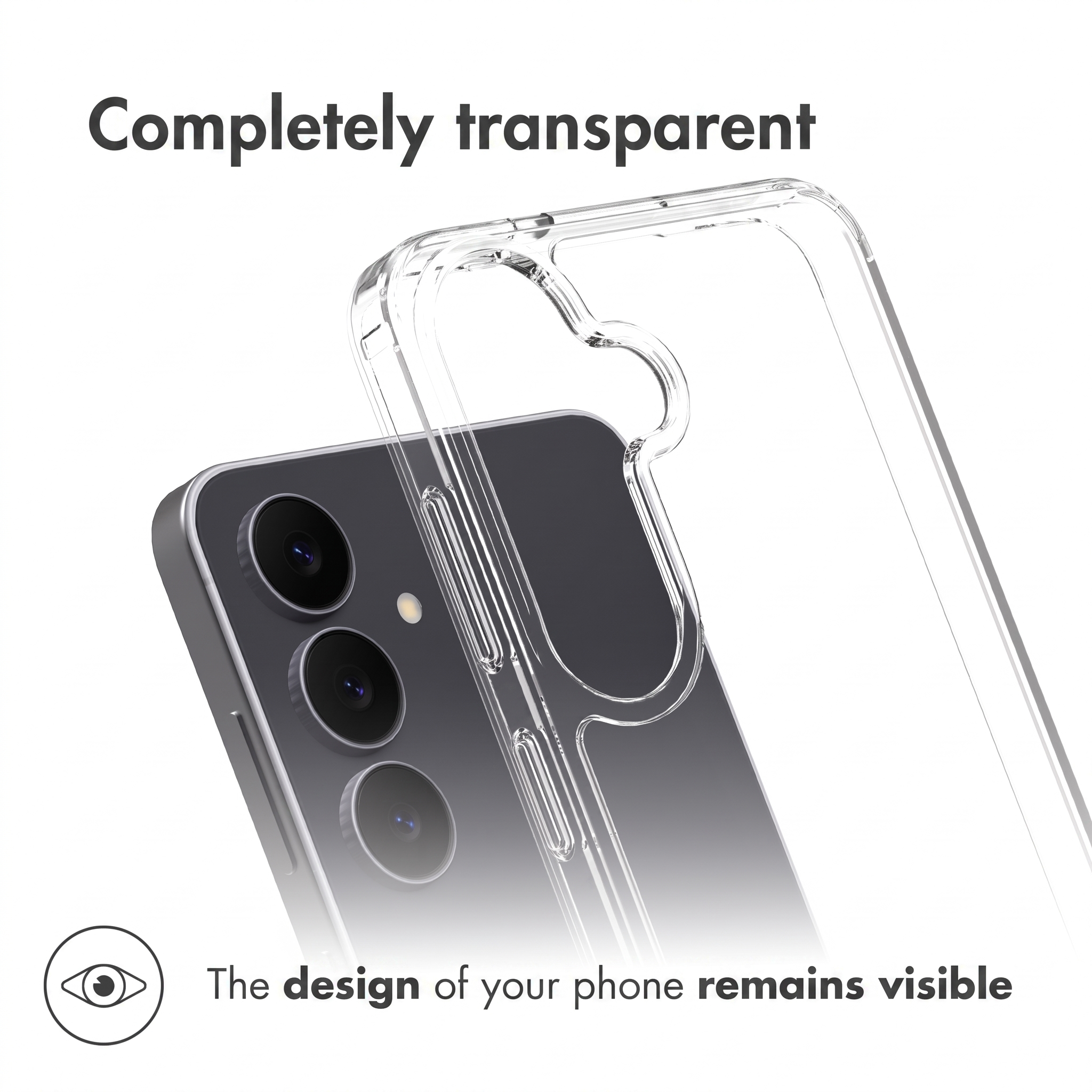 Une coque de téléphone transparente est montrée sur un smartphone à trois caméras, texte en haut et en bas.
