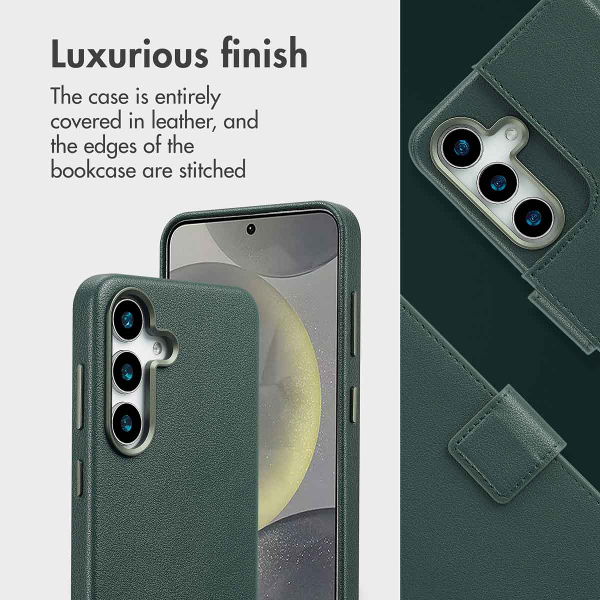 Una custodia per telefono in pelle verde scuro con cuciture visibili, obiettivi multipli e testo promozionale.