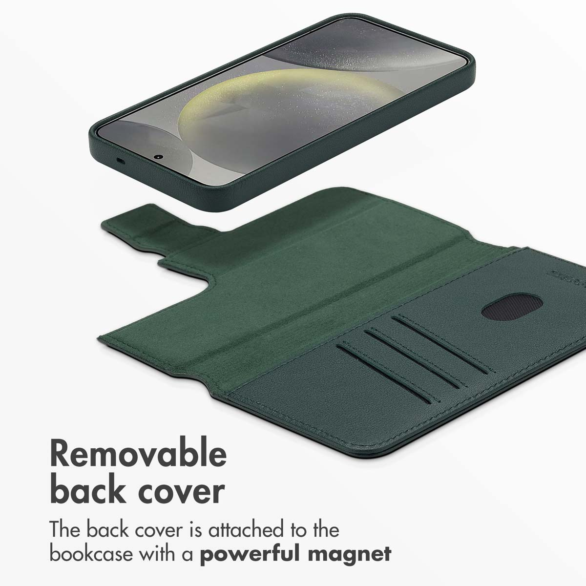 Custodia verde con cover posteriore rimovibile e porta carte.