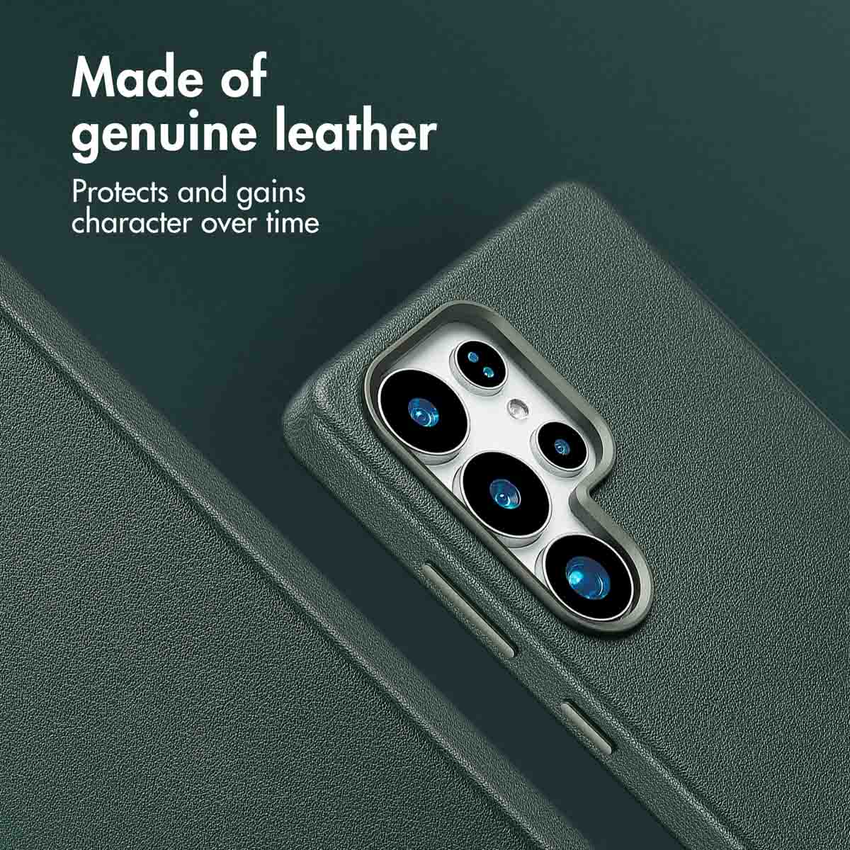 Dunkelgrüne Leder-Smartphonehülle mit Kameraausschnitt und Text: Made of genuine leather.