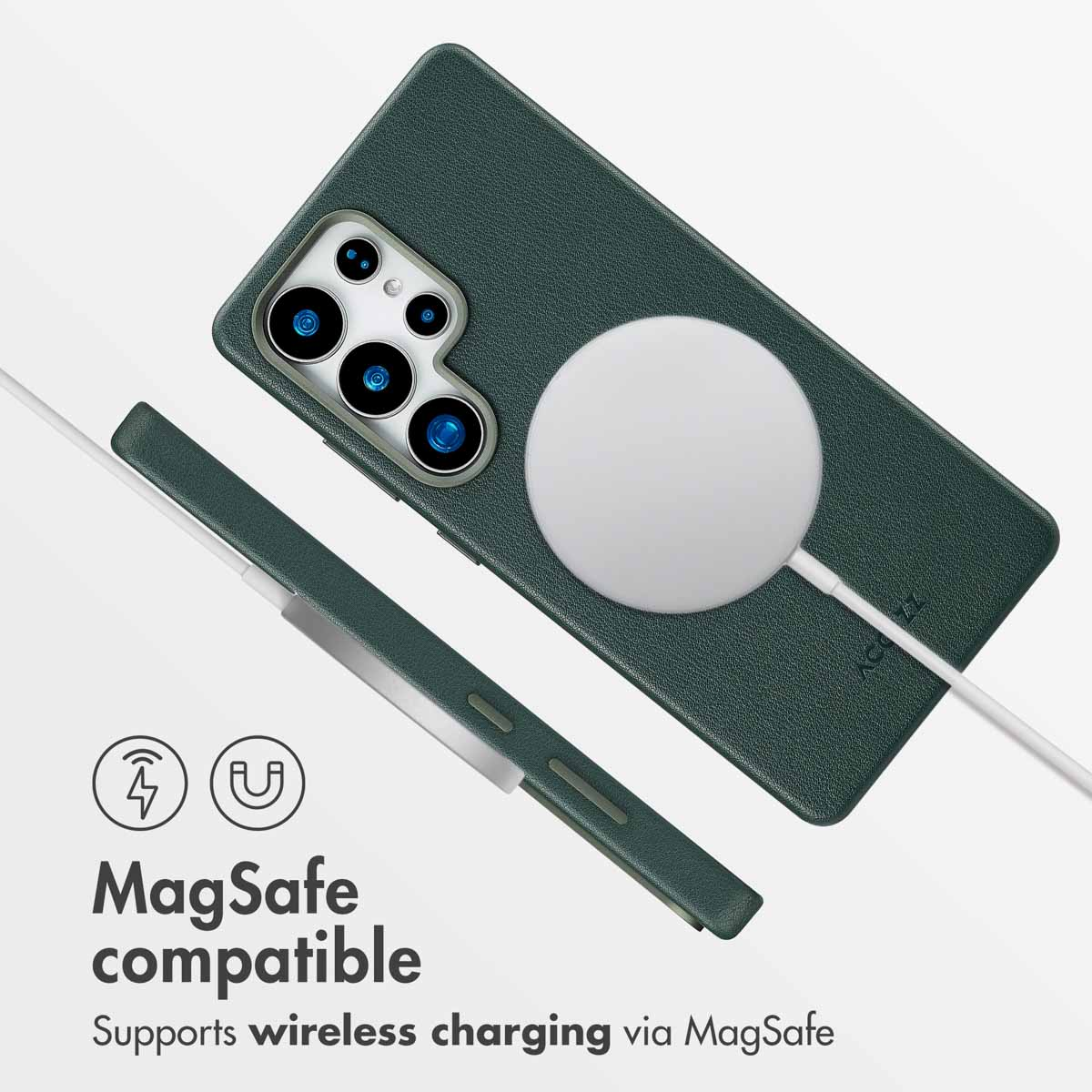 Dunkelgrüne MagSafe-kompatible Smartphone-Hülle mit einem runden Magnetladegerät auf der Rückseite.