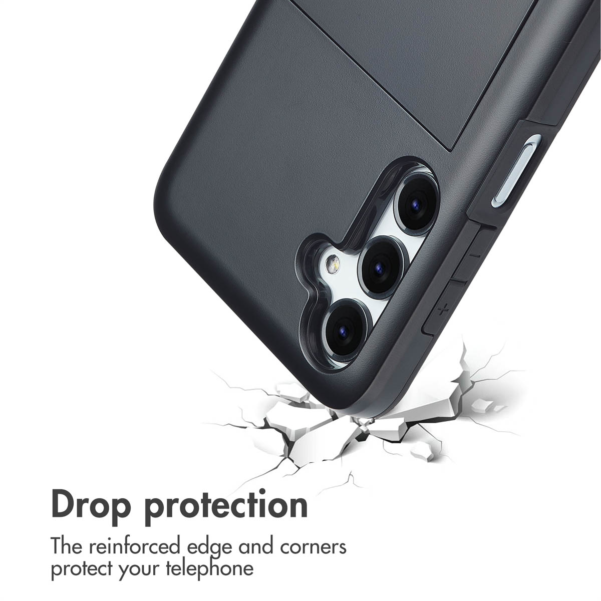 Eine schwarze Smartphone-Hülle stößt auf einen zerbrochenen Untergrund, mit dem Text "Drop protection" unten links.