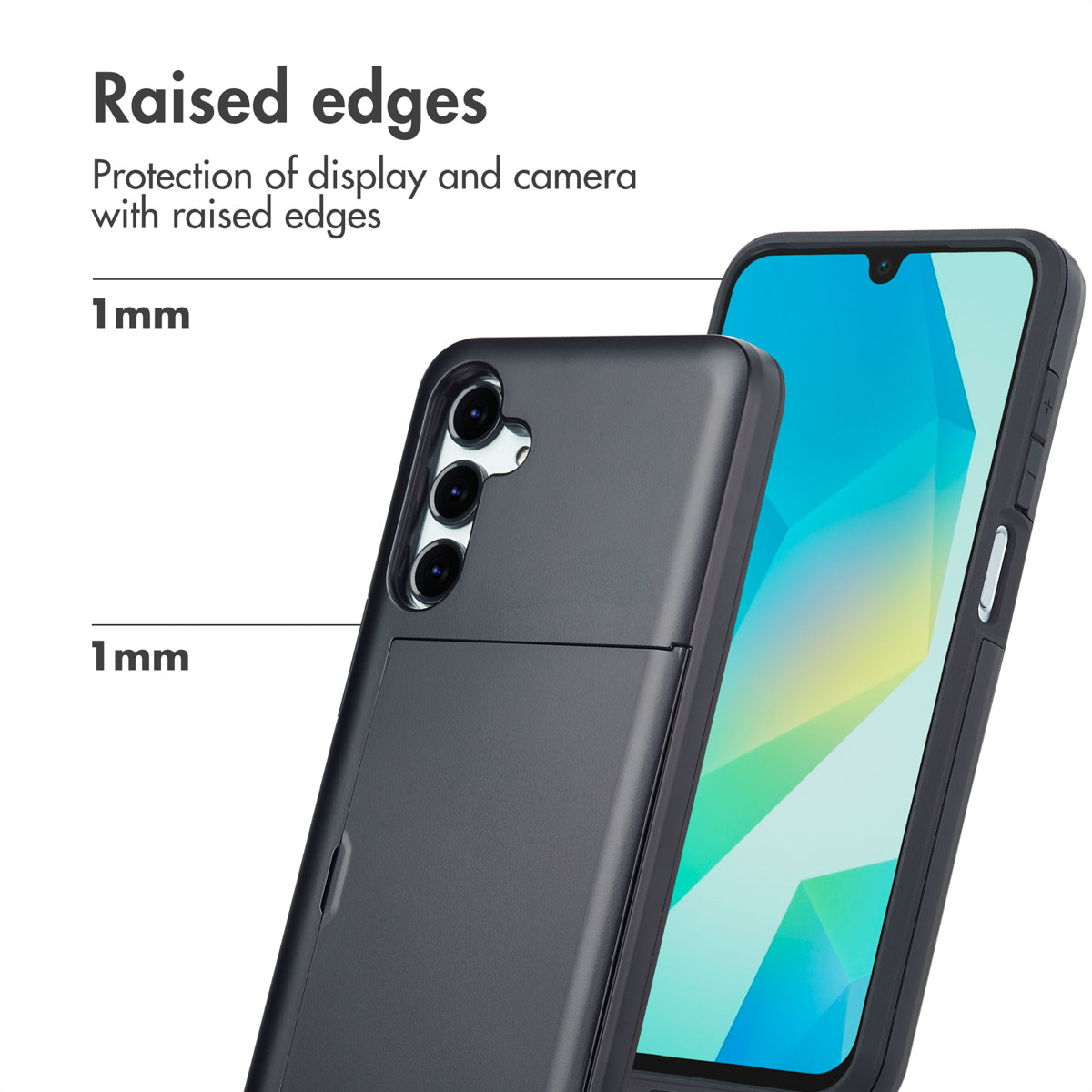 Smartphone in Schutzhülle mit 1 mm erhöhten Rändern für Display und Kamera.