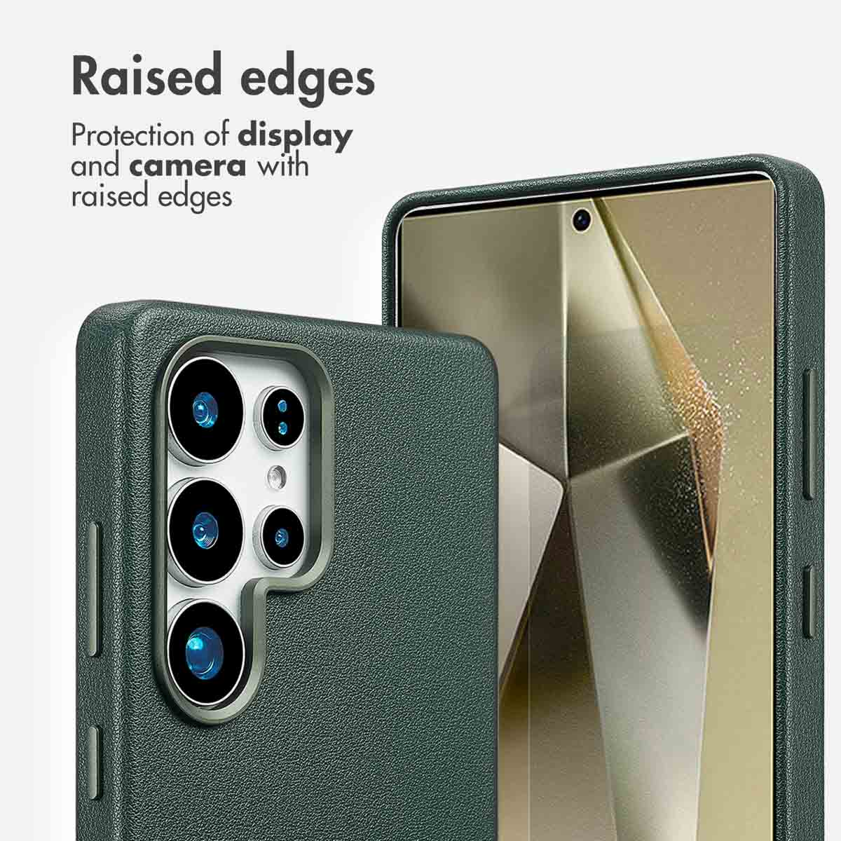 Grüne Smartphone-Hülle mit erhöhtem Rand zum Schutz von Display und Kamera.