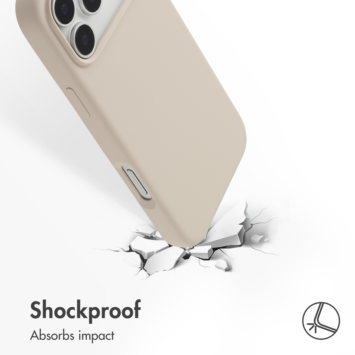 Un teléfono beige golpea una superficie blanca agrietada. El texto dice Shockproof Absorbs impact.