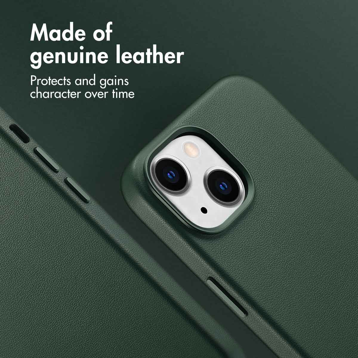 Custodia per smartphone in pelle verde scuro con testo sulla protezione in vera pelle.