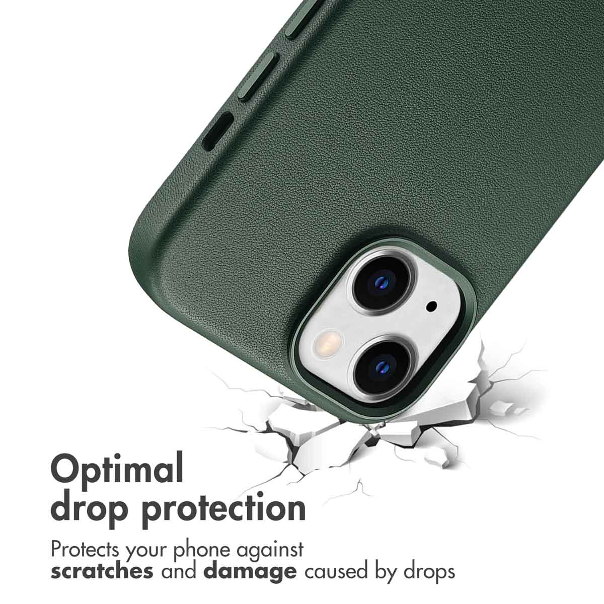 Custodia per telefono verde con fotocamera e testo protettivo su sfondo bianco.