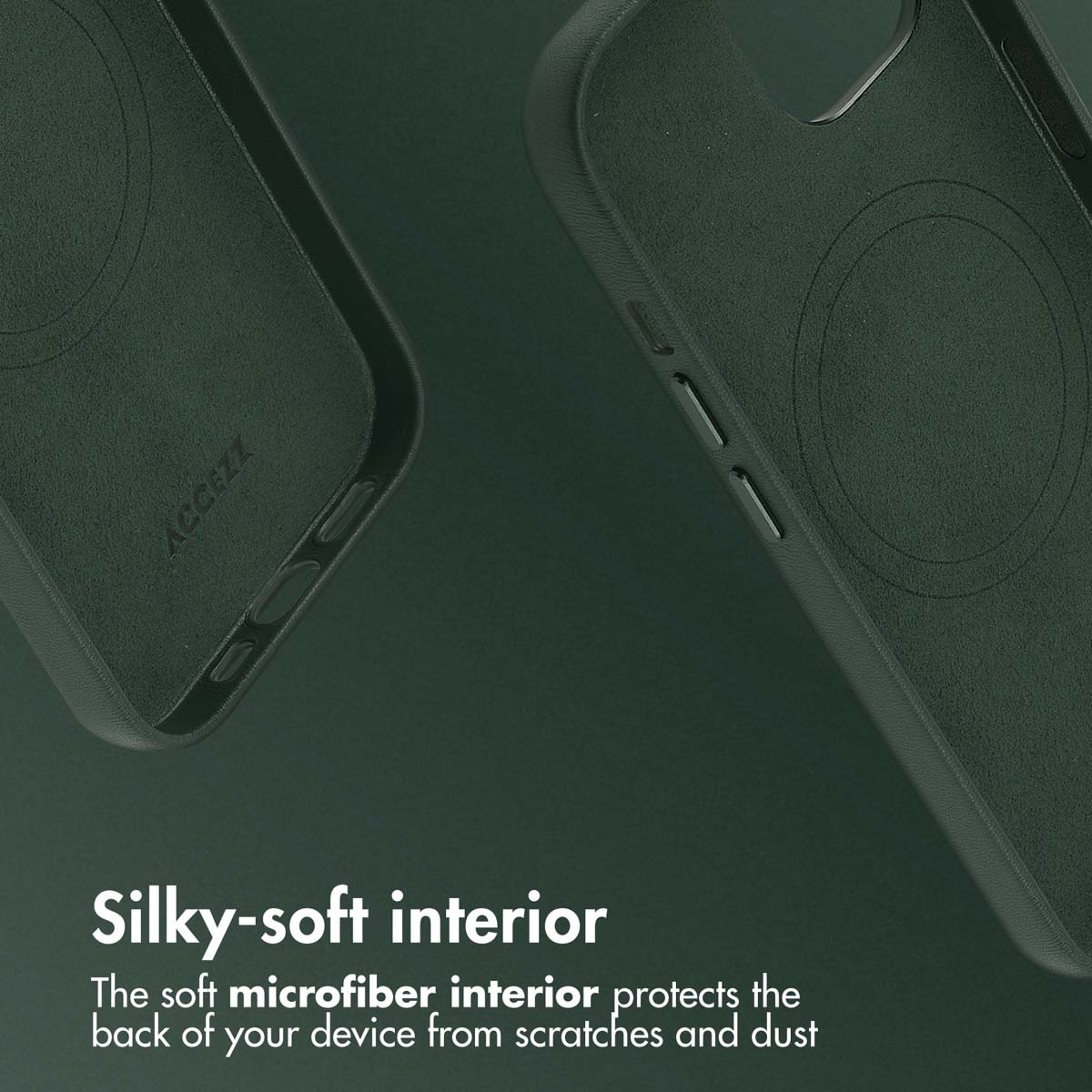 Due custodie verdi per smartphone su sfondo scuro con testo sull'interno morbido.