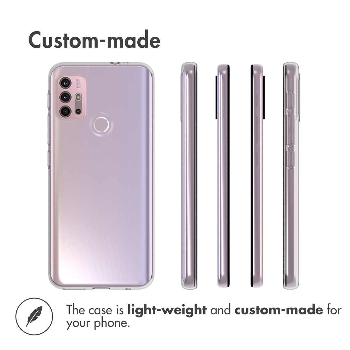 Lekkie, dopasowane różowe etui na telefon pokazane pod wieloma kątami.
