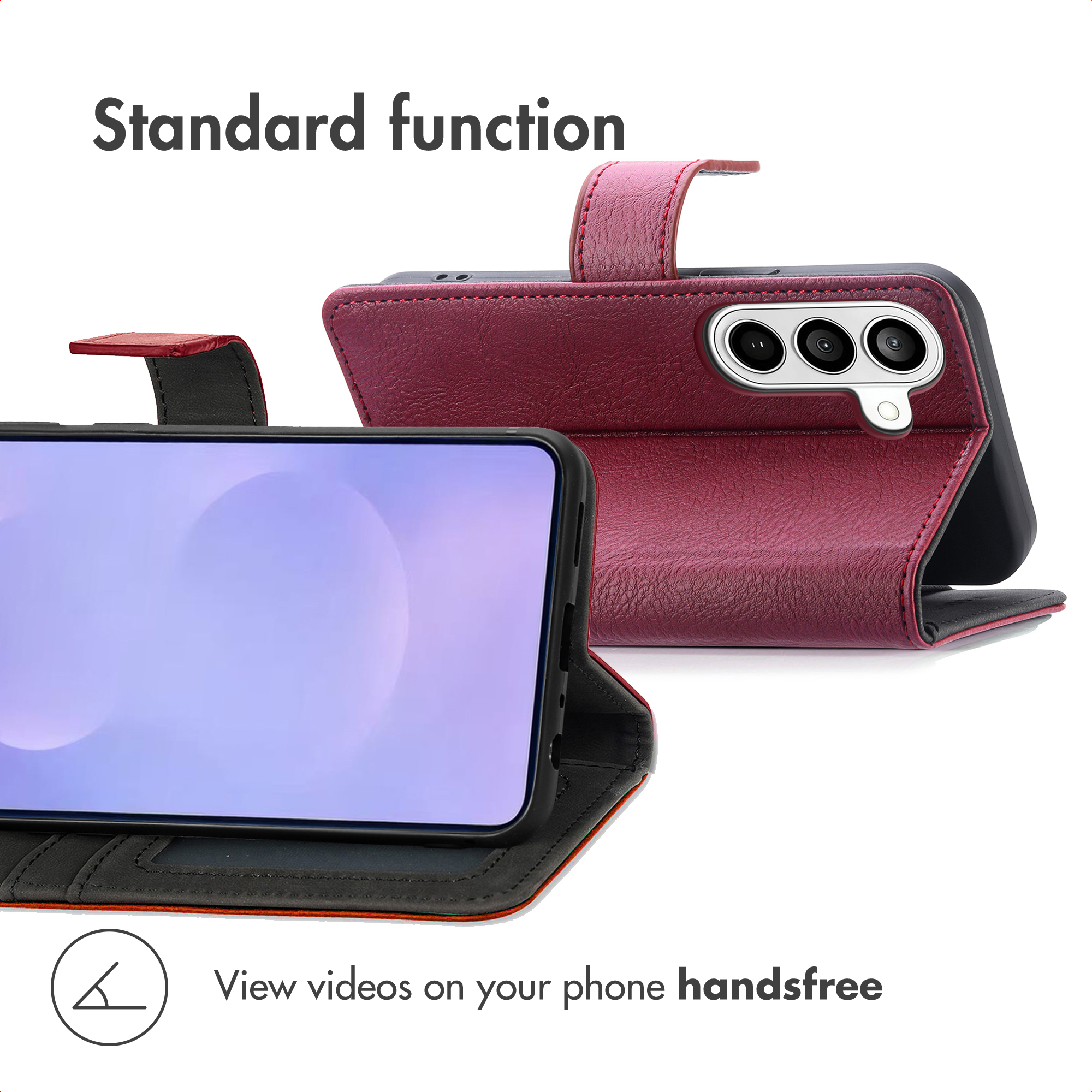 Wijnrode lederen telefoonhoes met standaardfunctie voor handenvrij videokijken.