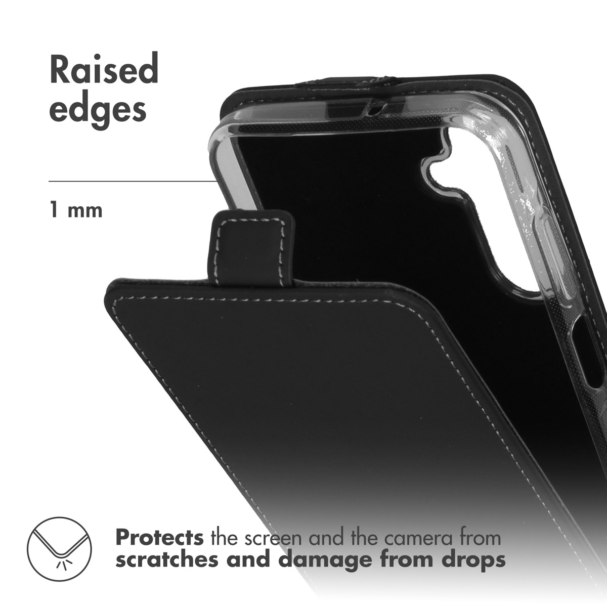 Una funda de móvil negra con bordes elevados de 1 mm para proteger pantalla y cámara.