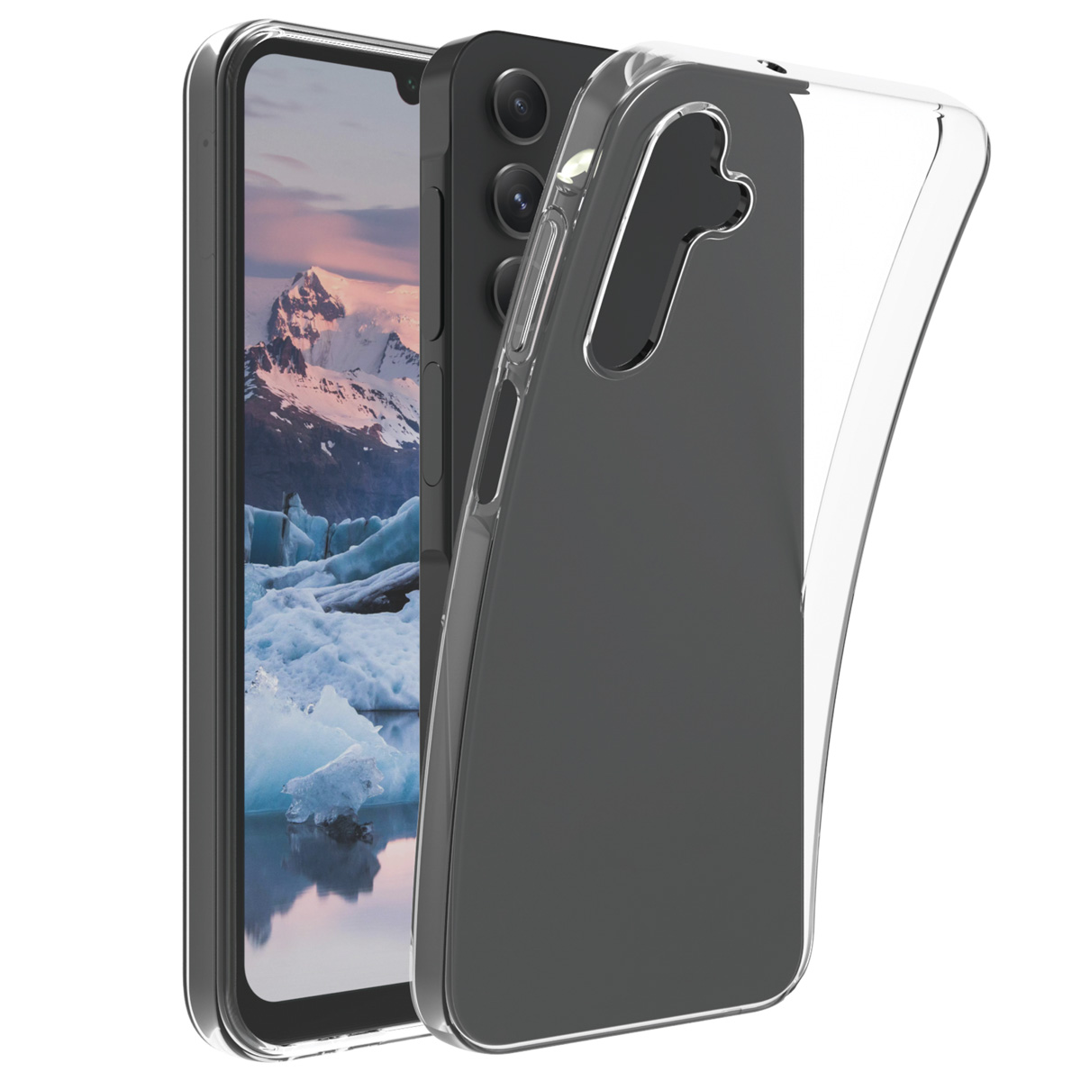 Smartphone nero con tripla fotocamera e cover in silicone trasparente su sfondo bianco.