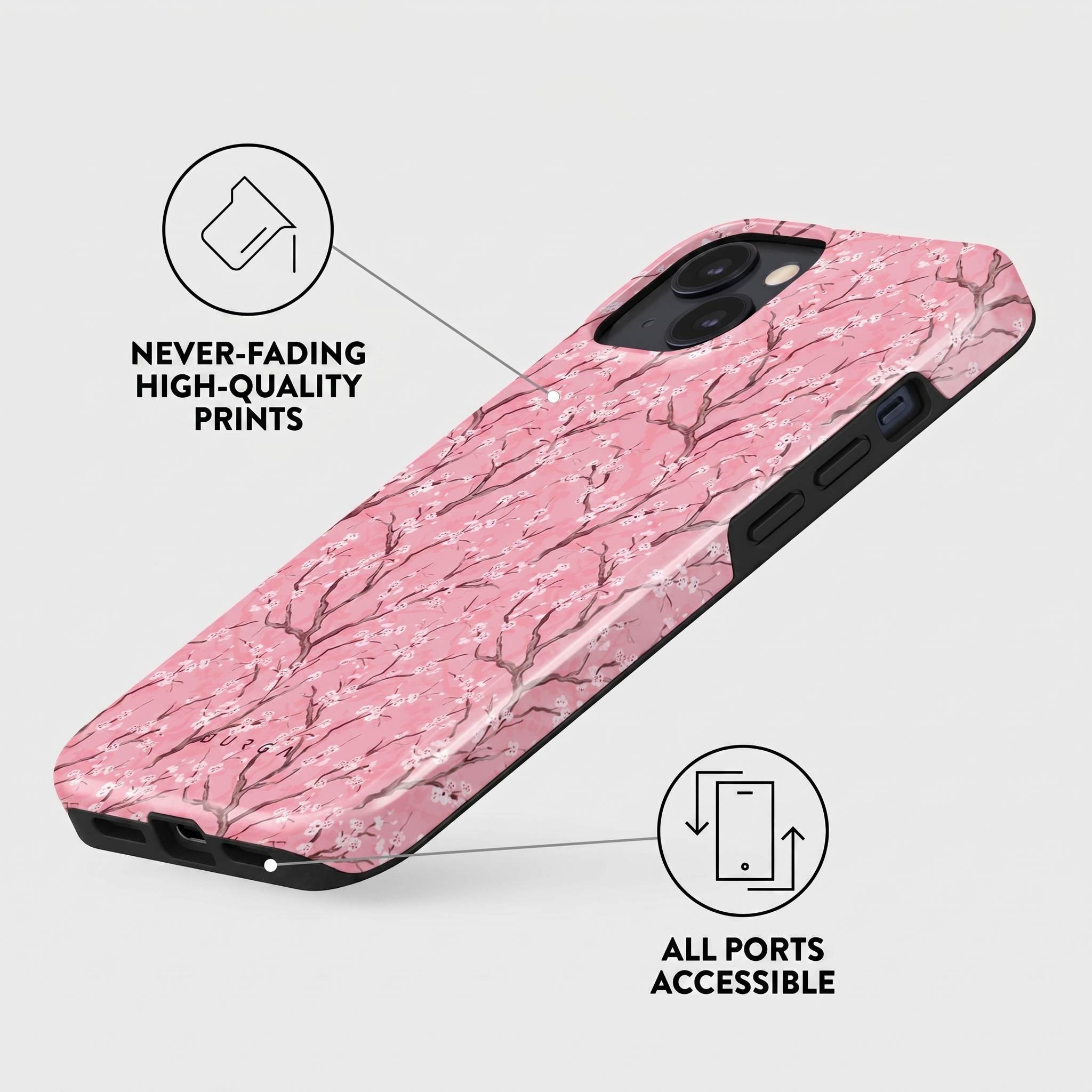 Roze telefoonhoesje met kersenbloesem, tekst over printkwaliteit en poorten.