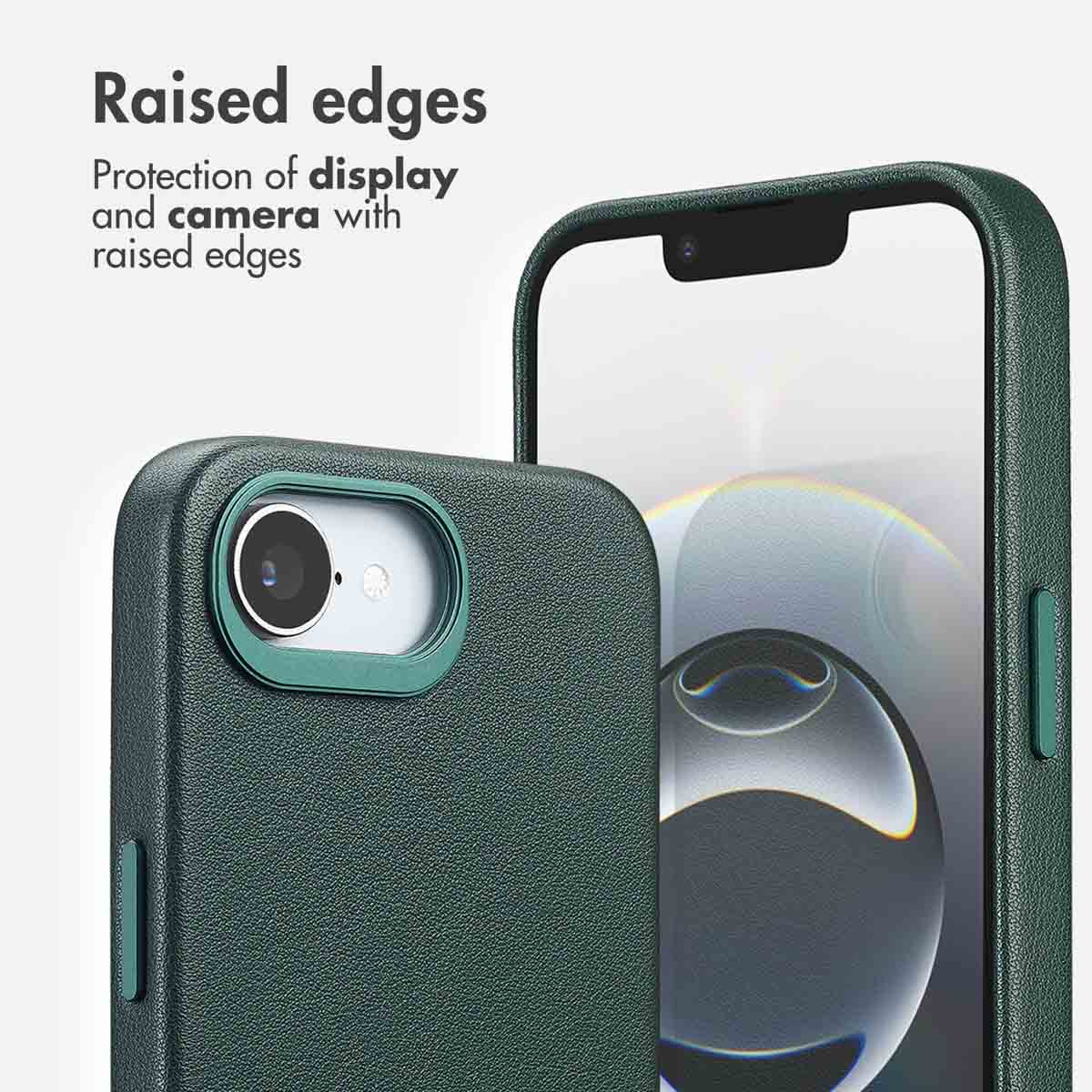 Custodia per smartphone verde scuro con bordi rialzati a protezione di fotocamera e display su sfondo chiaro.
