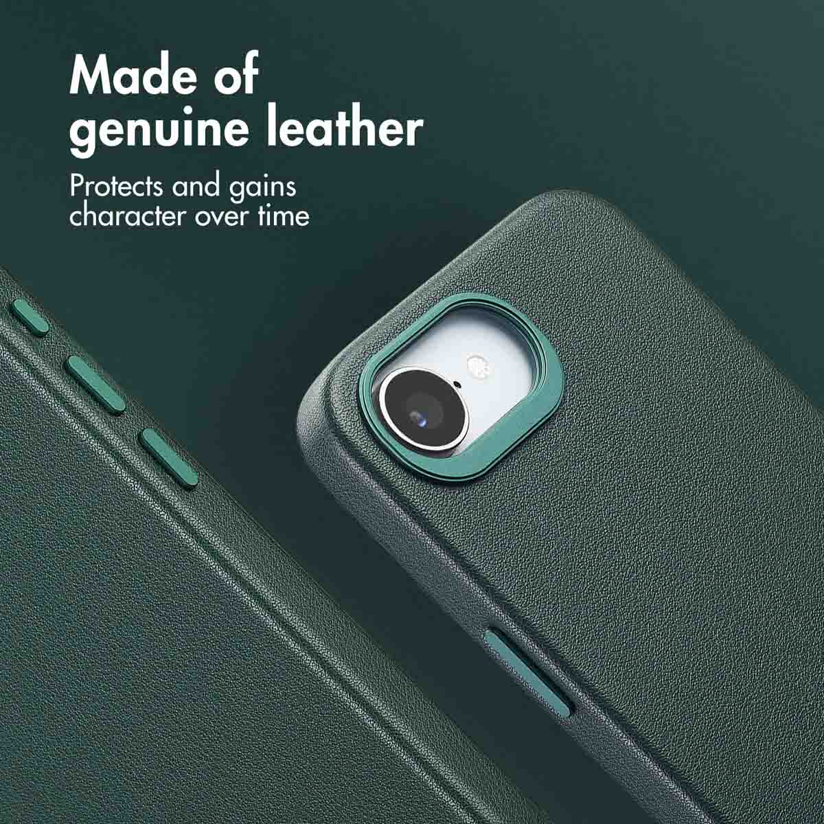 Custodia per telefono in pelle verde scuro con ritaglio fotocamera e testo Made of genuine leather.