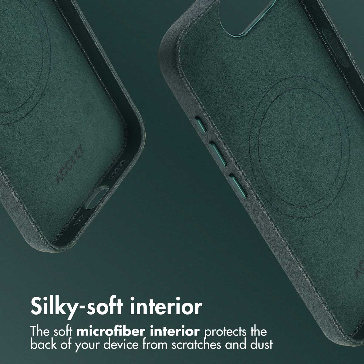 Custodina per cellulare verde scuro con morbido interno in microfibra e ritagli precisi su sfondo scuro.