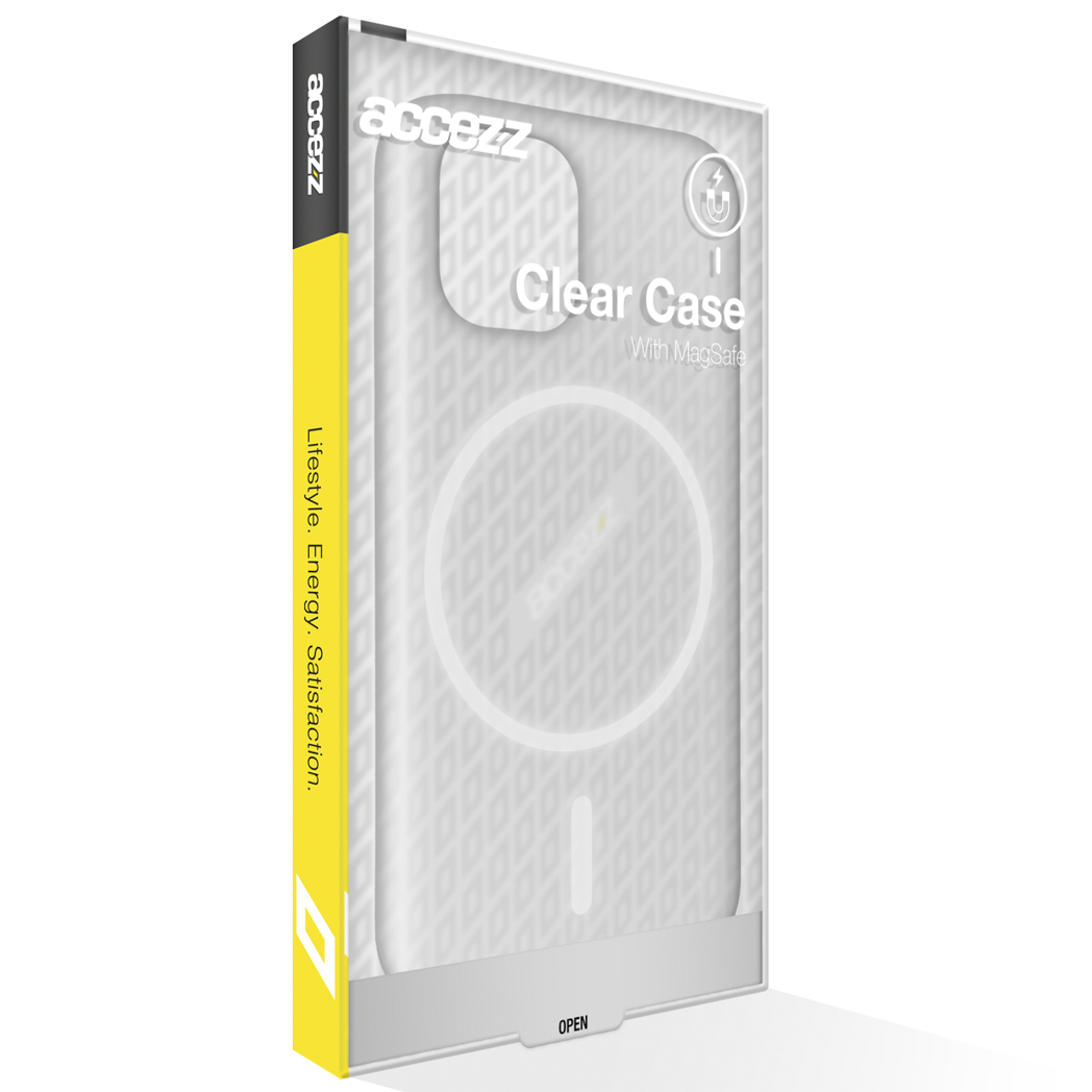 Funda transparente Accezz para MagSafe en caja blanca y amarilla.