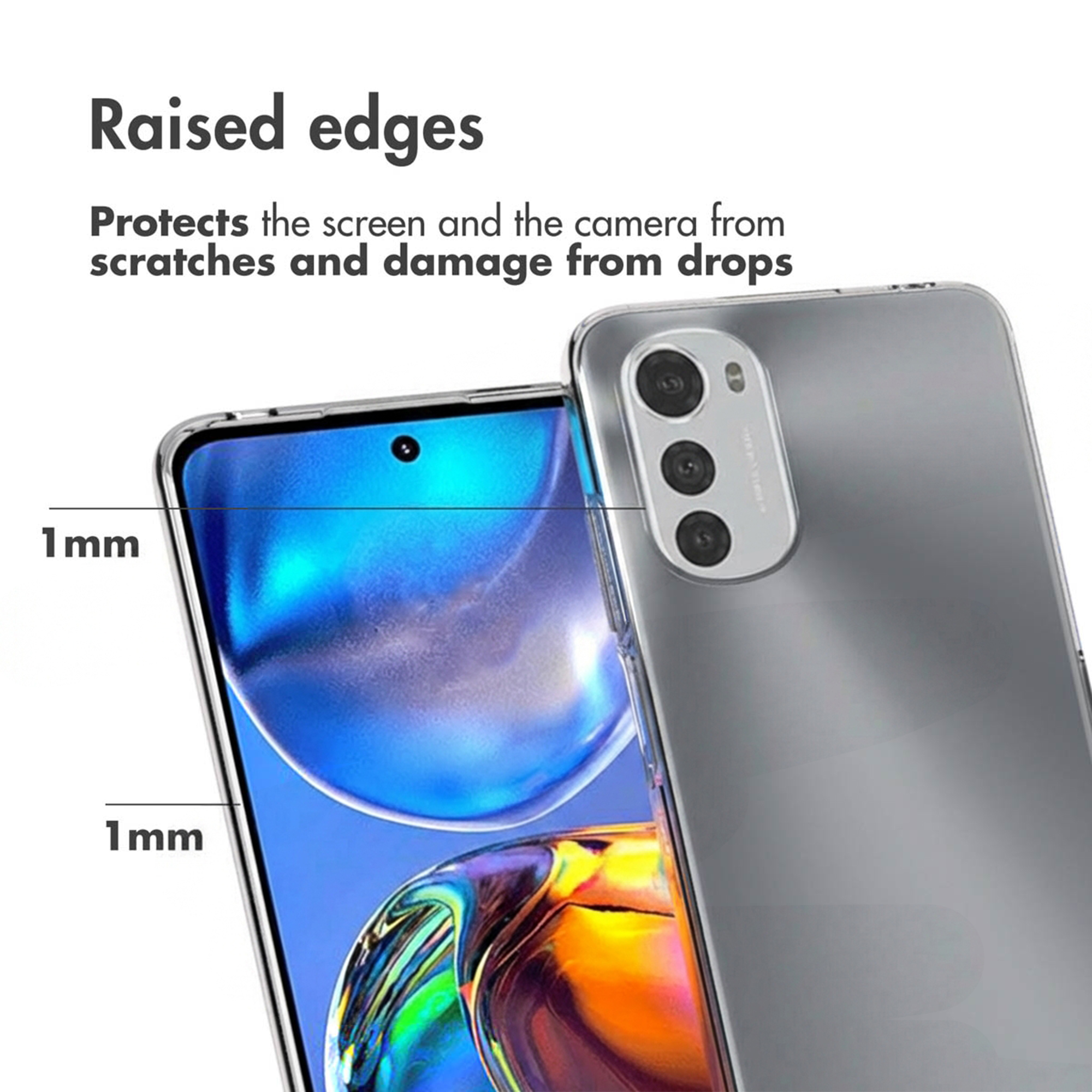 Los bordes elevados de 1 mm protegen la pantalla y la cámara de un teléfono inteligente contra daños.