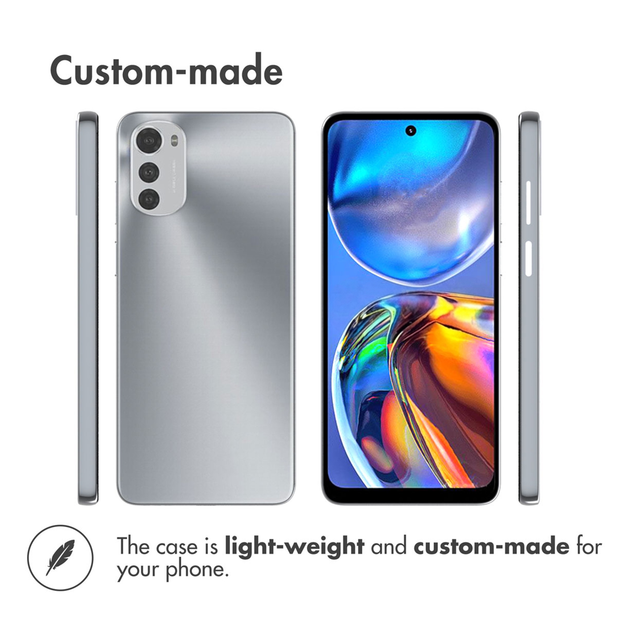 Diferentes vistas de una funda de smartphone plateada con pantalla colorida y texto.