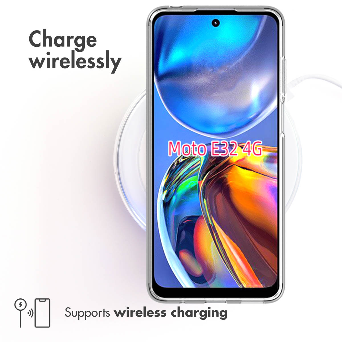 Un teléfono Moto E32 4G sobre una base de carga inalámbrica. Texto: Charge wirelessly y Supports wireless charging.