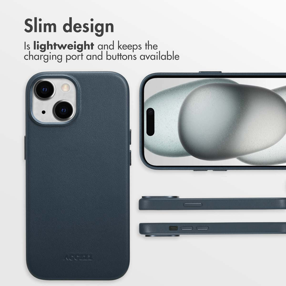 Custodia per smartphone sottile blu scuro che mostra retro, schermo frontale e tasti.