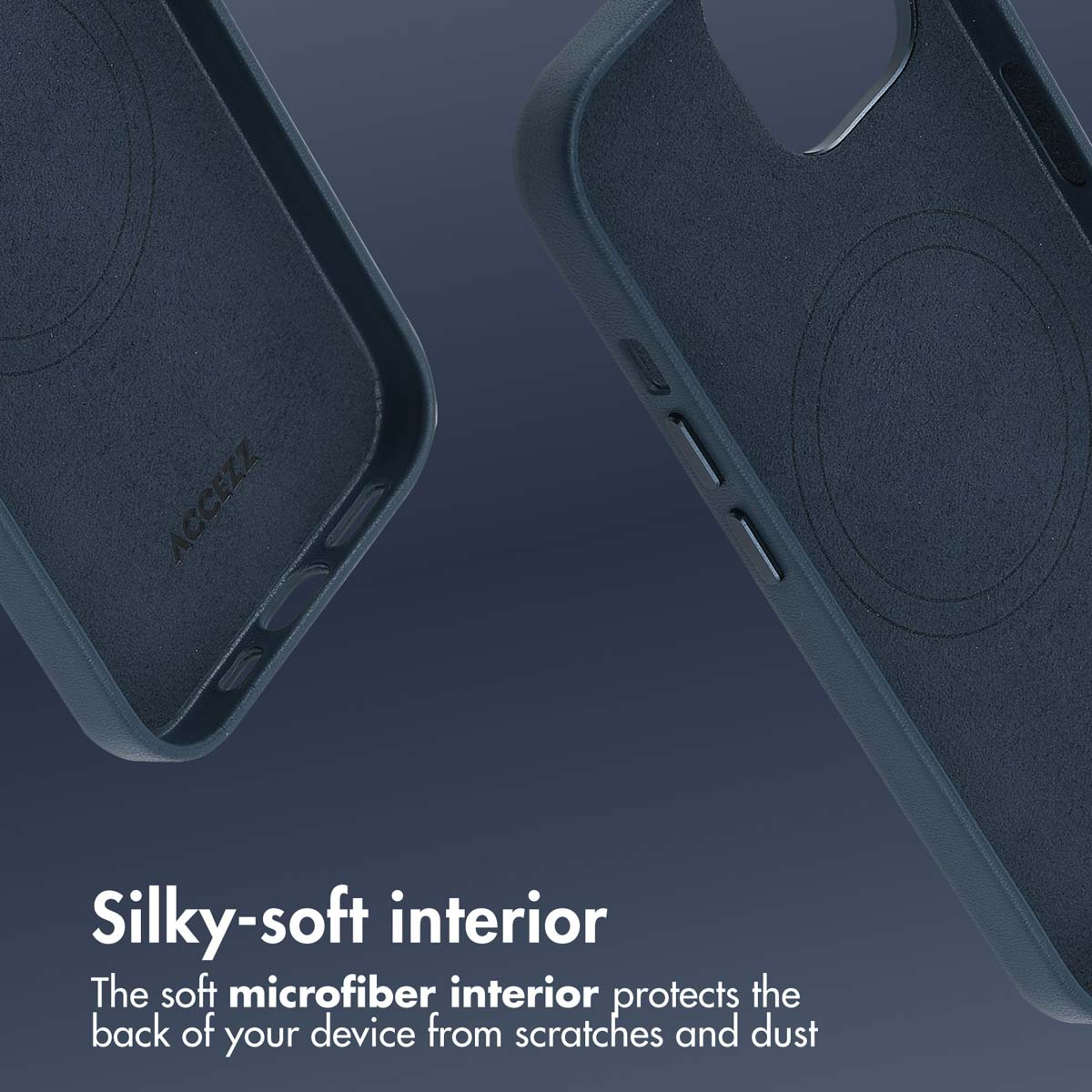 Custodia per telefono blu scuro con morbido interno in microfibra.