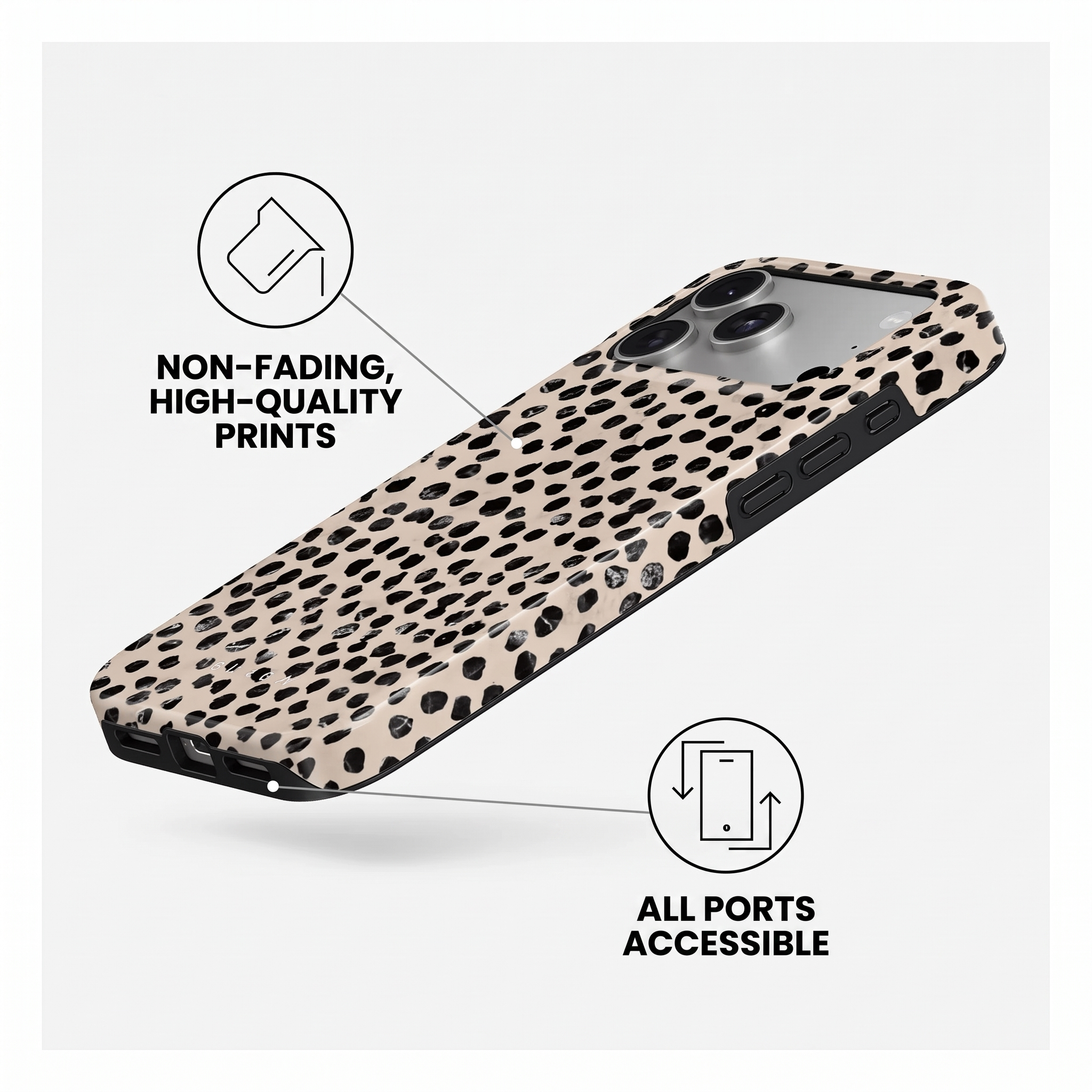 Coque de téléphone léopard avec texte sur les impressions durables et les ports accessibles.