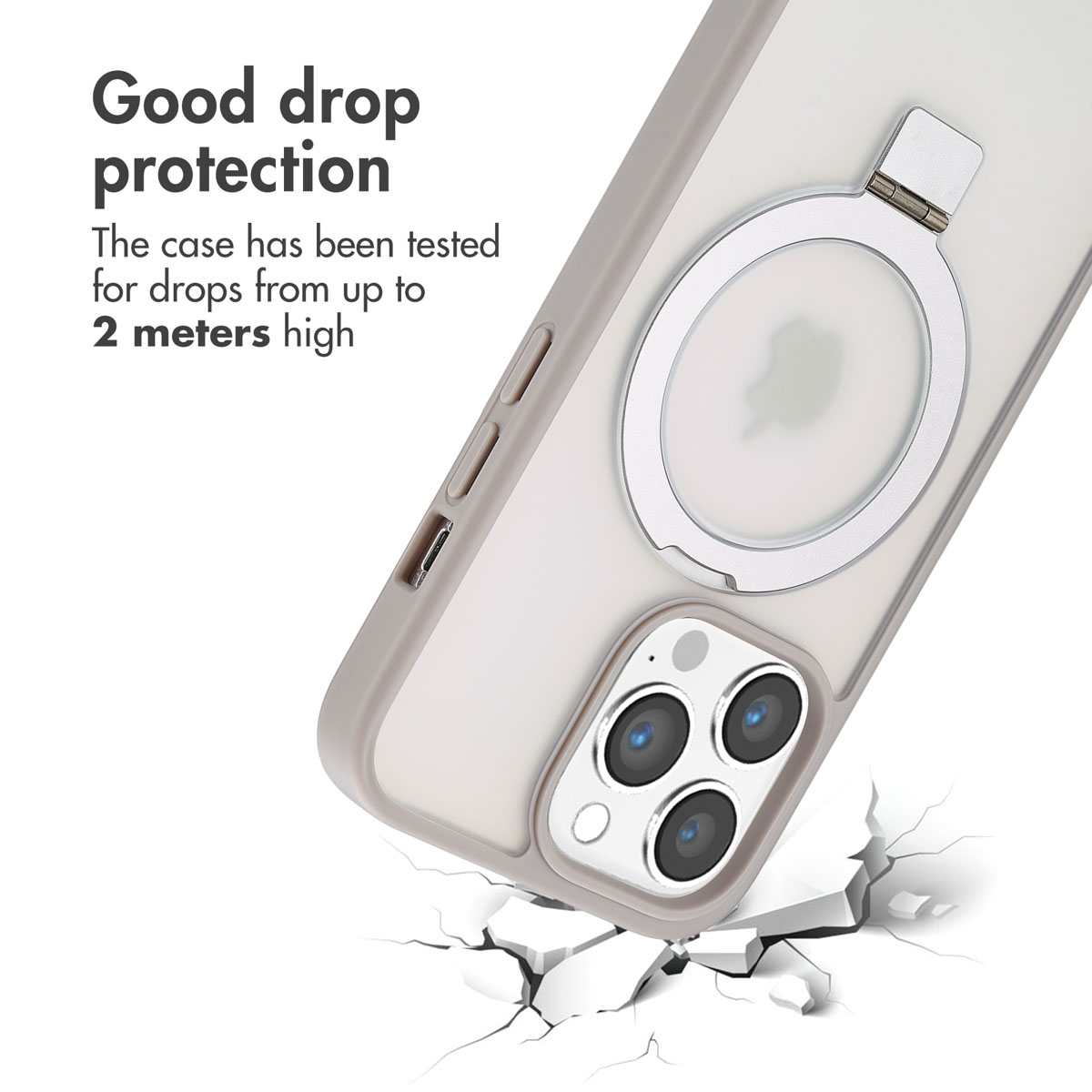 Un smartphone dans une coque de protection montre sa résistance aux chutes sur une surface blanche craquelée.