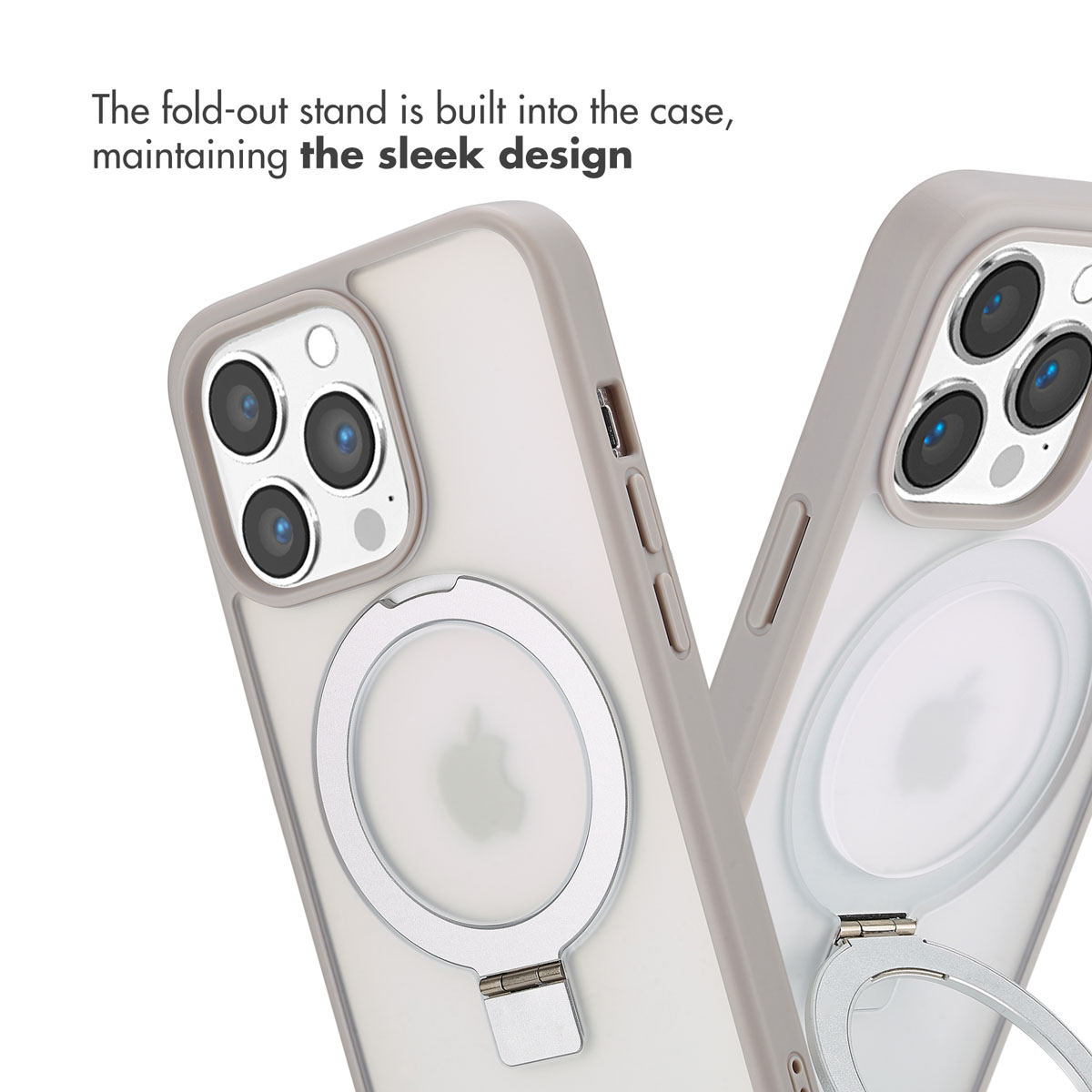 Deux téléphones dans des coques claires avec support d'anneau métallique intégré à l'arrière, sur fond blanc.
