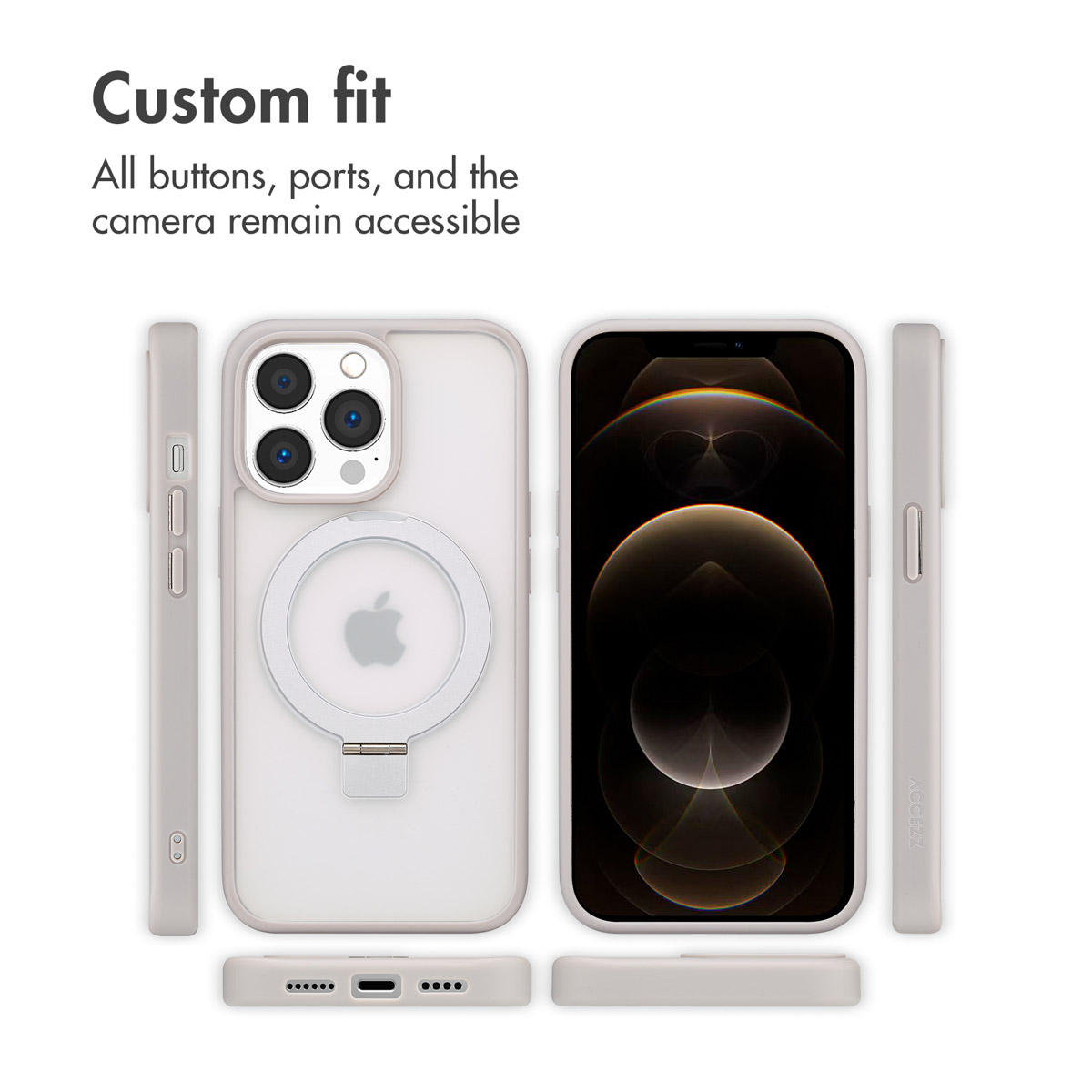 Un iPhone avec coque de protection gris clair et anneau MagSafe, vu sous plusieurs angles avec le texte Custom fit.