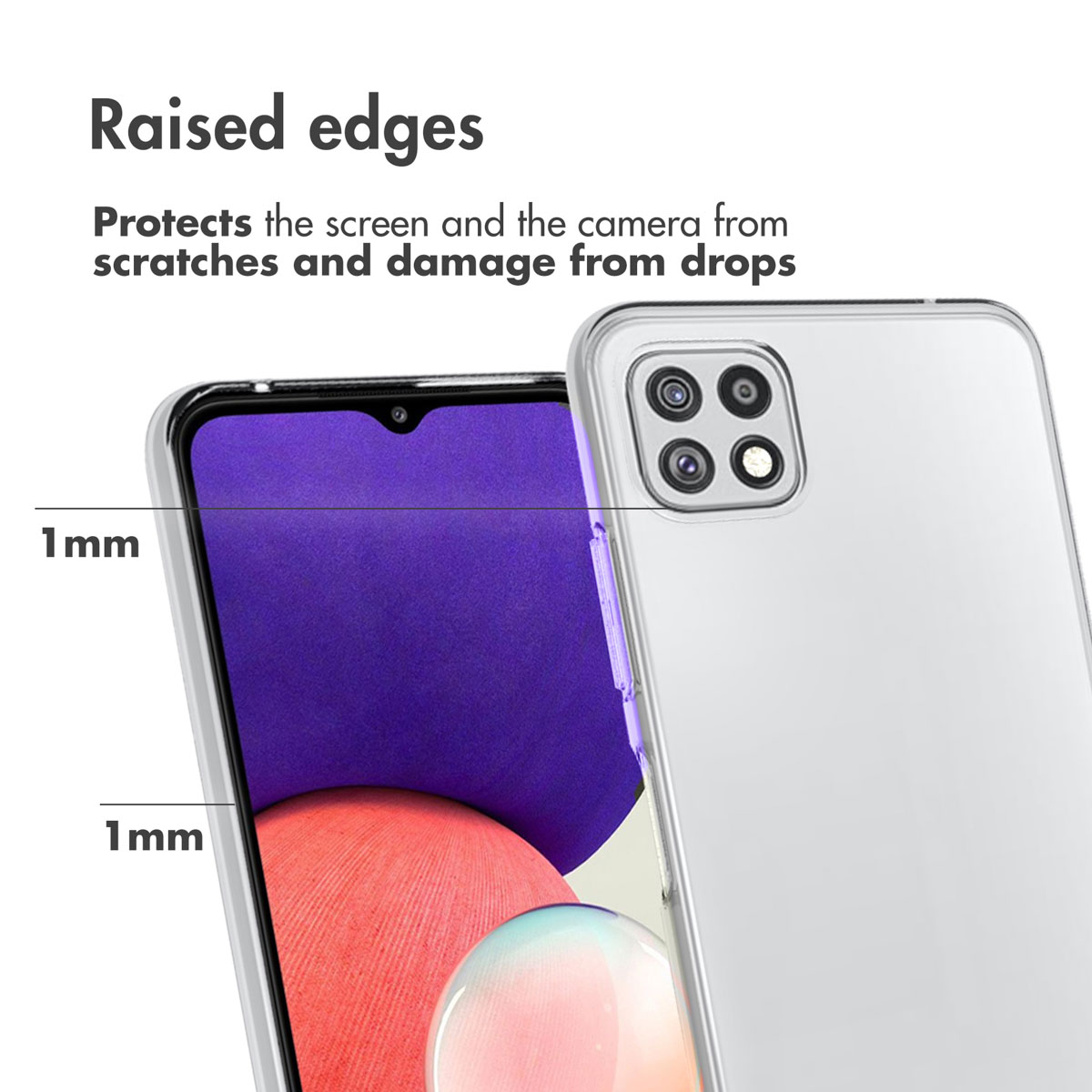 Un smartphone dans une coque transparente aux bords surélevés sur fond blanc avec du texte.