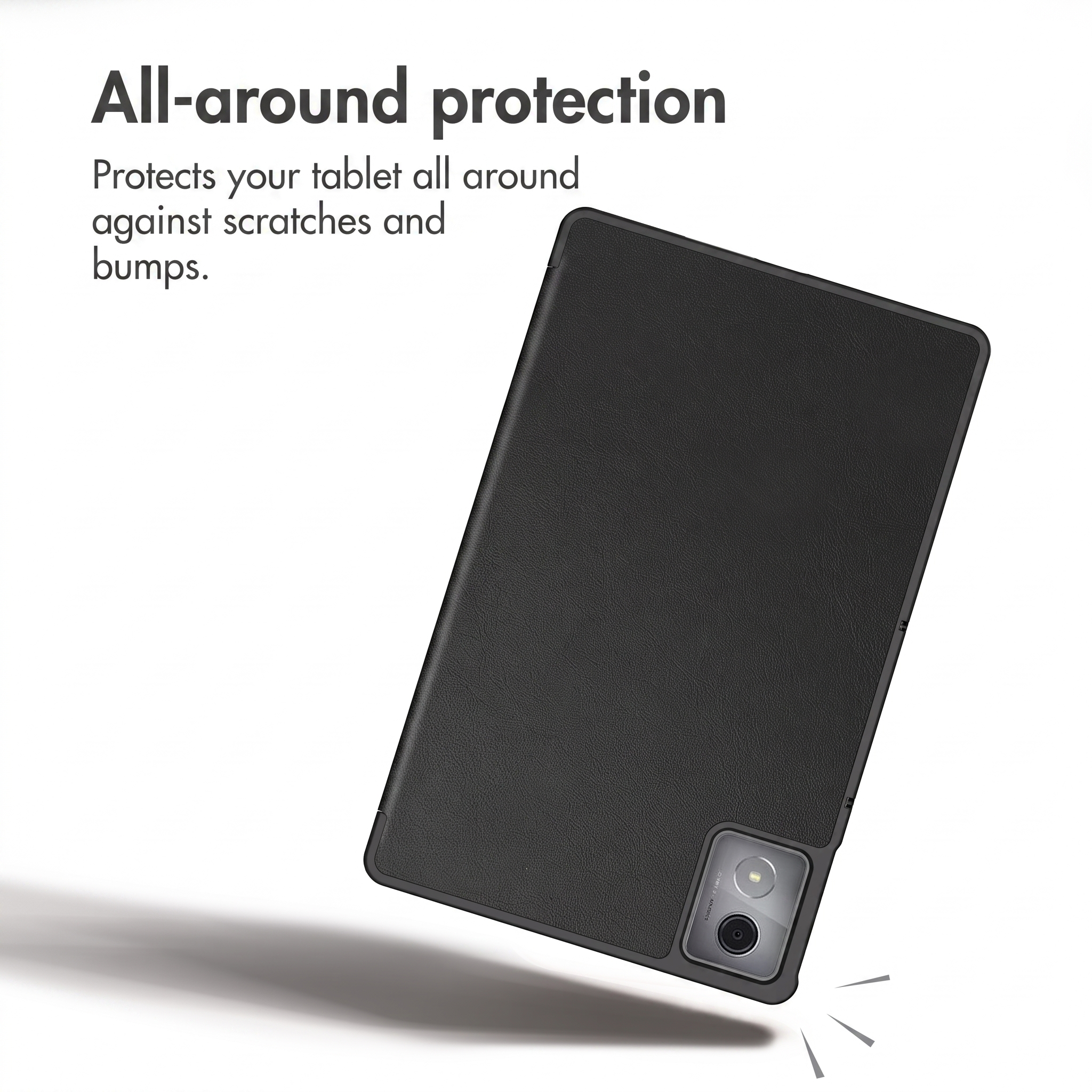 Une tablette noire dans un étui de protection sur fond blanc.